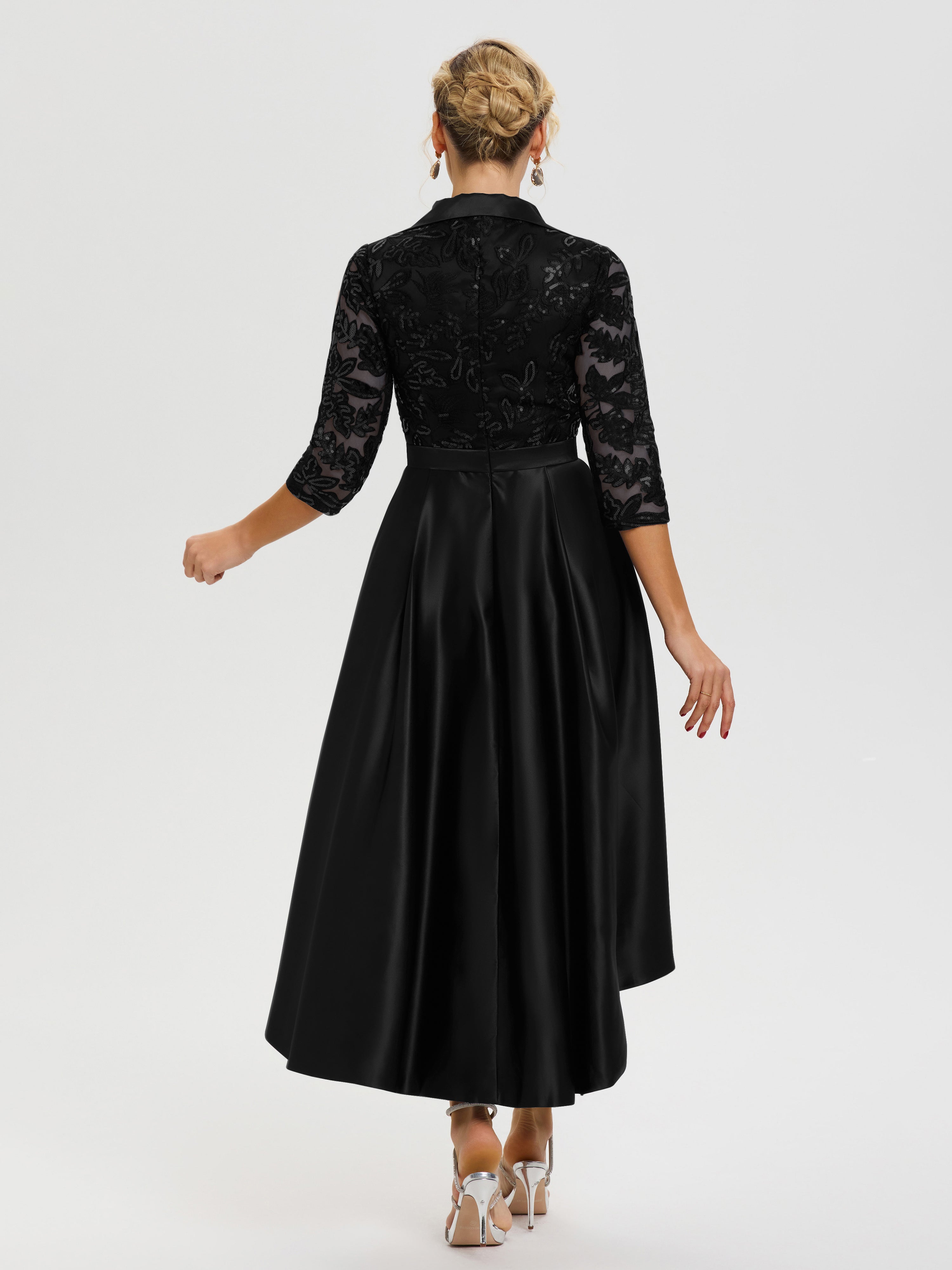 Robe De Mère Du Marié Noir Col V Asymétrique Satin & Dentelle Robe Mère De La Mariée Moderne