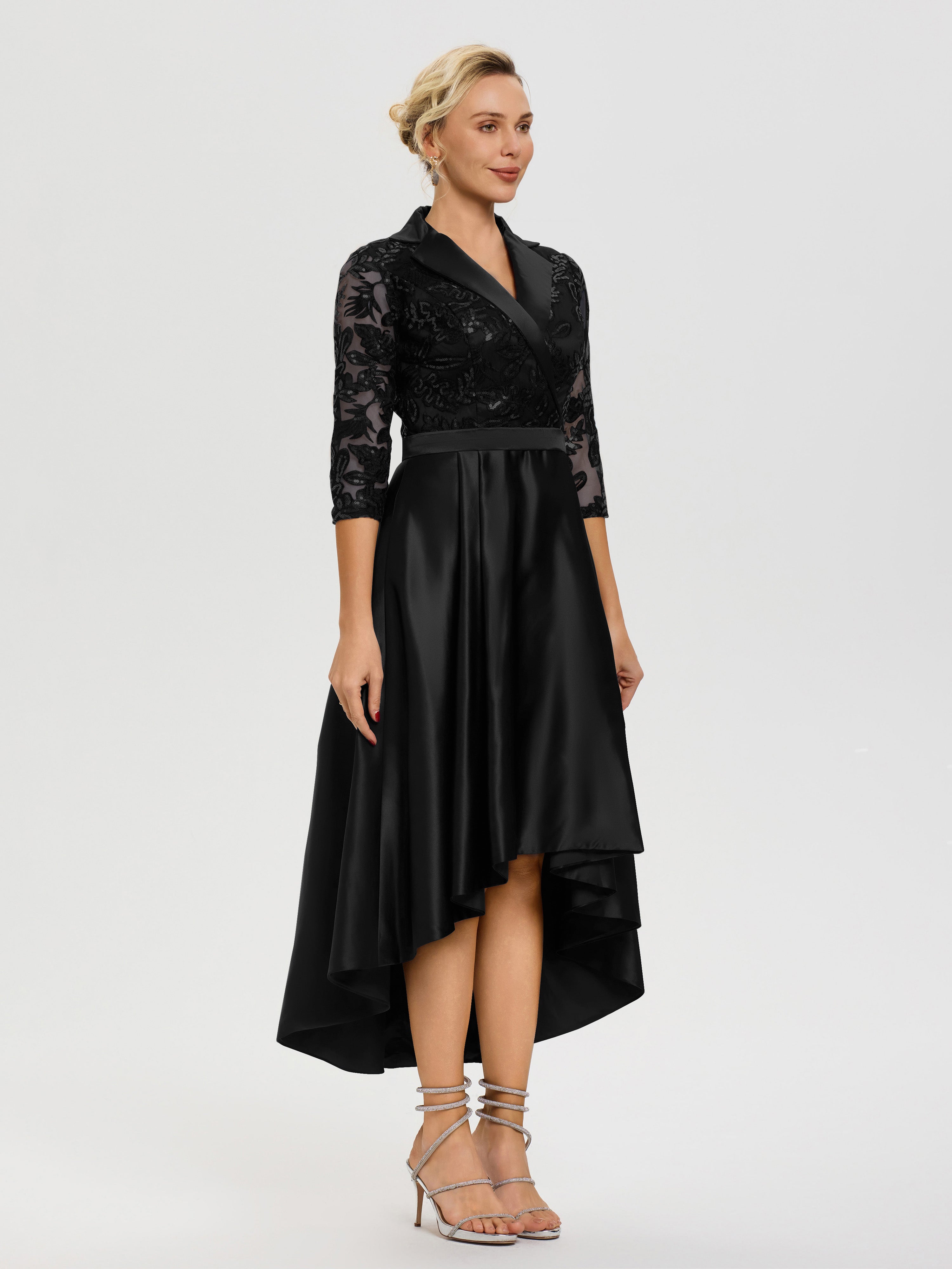 Robe De Mère Du Marié Noir Col V Asymétrique Satin & Dentelle Robe Mère De La Mariée Moderne