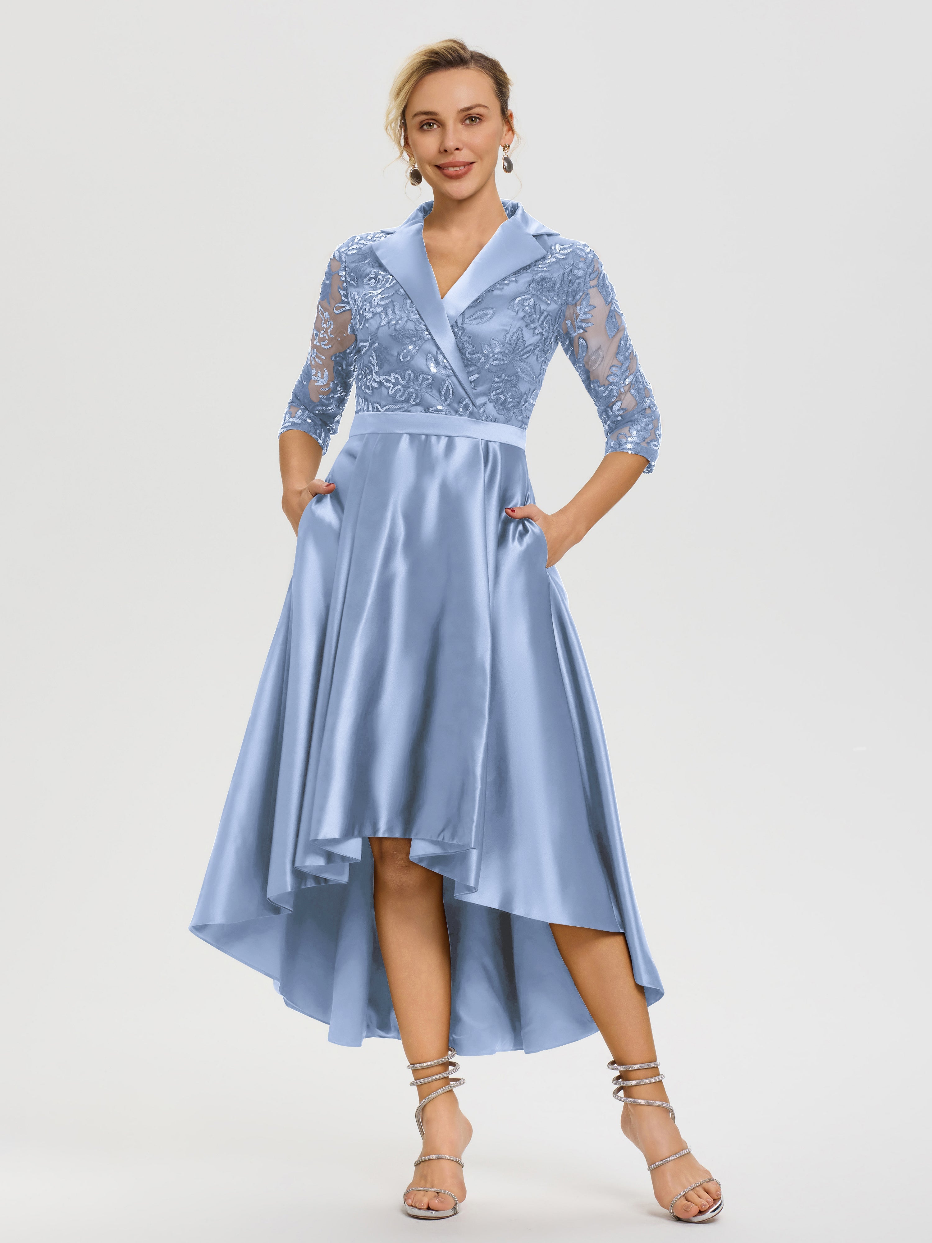 Tenue Mere Dela Mariee Bleu Col V Asymétrique Satin & Dentelle Robe Mère De La Mariée Moderne