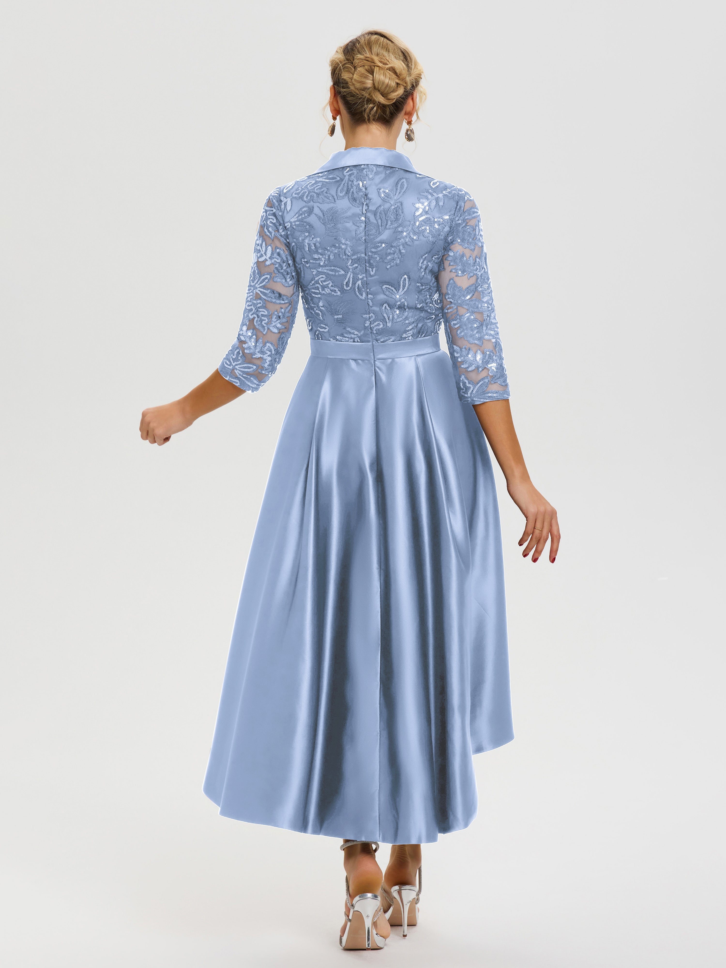Tenue Mere Dela Mariee Bleu Col V Asymétrique Satin & Dentelle Robe Mère De La Mariée Moderne