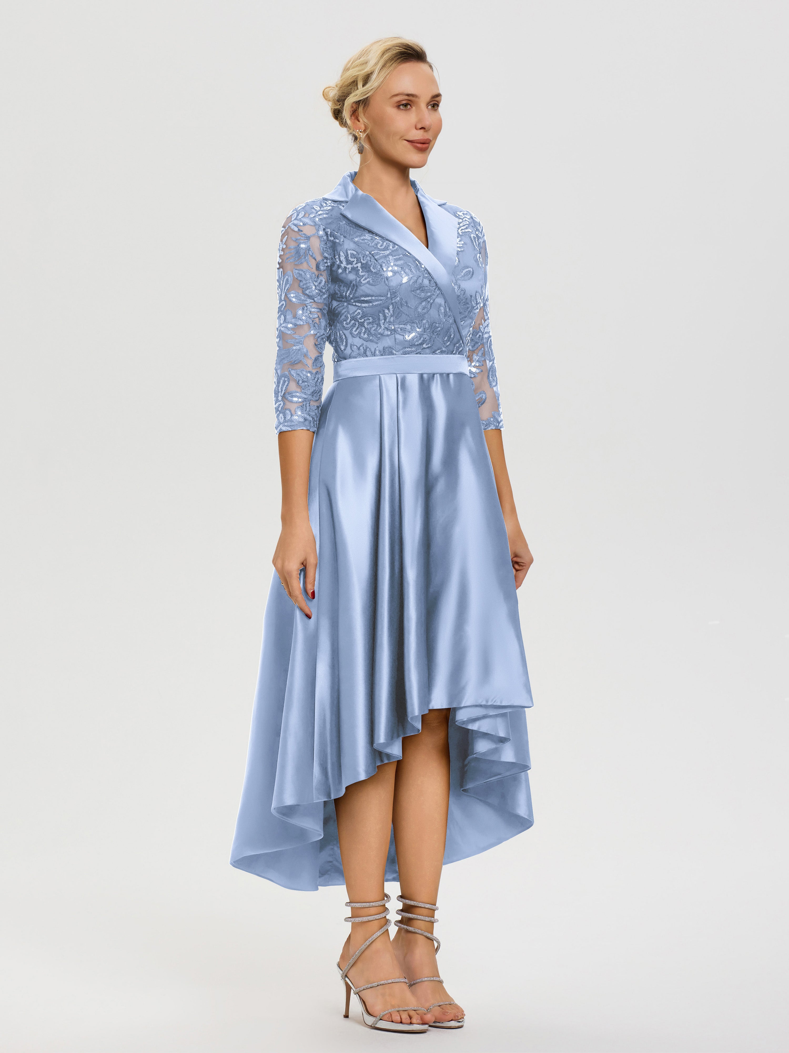 Tenue Mere Dela Mariee Bleu Col V Asymétrique Satin & Dentelle Robe Mère De La Mariée Moderne
