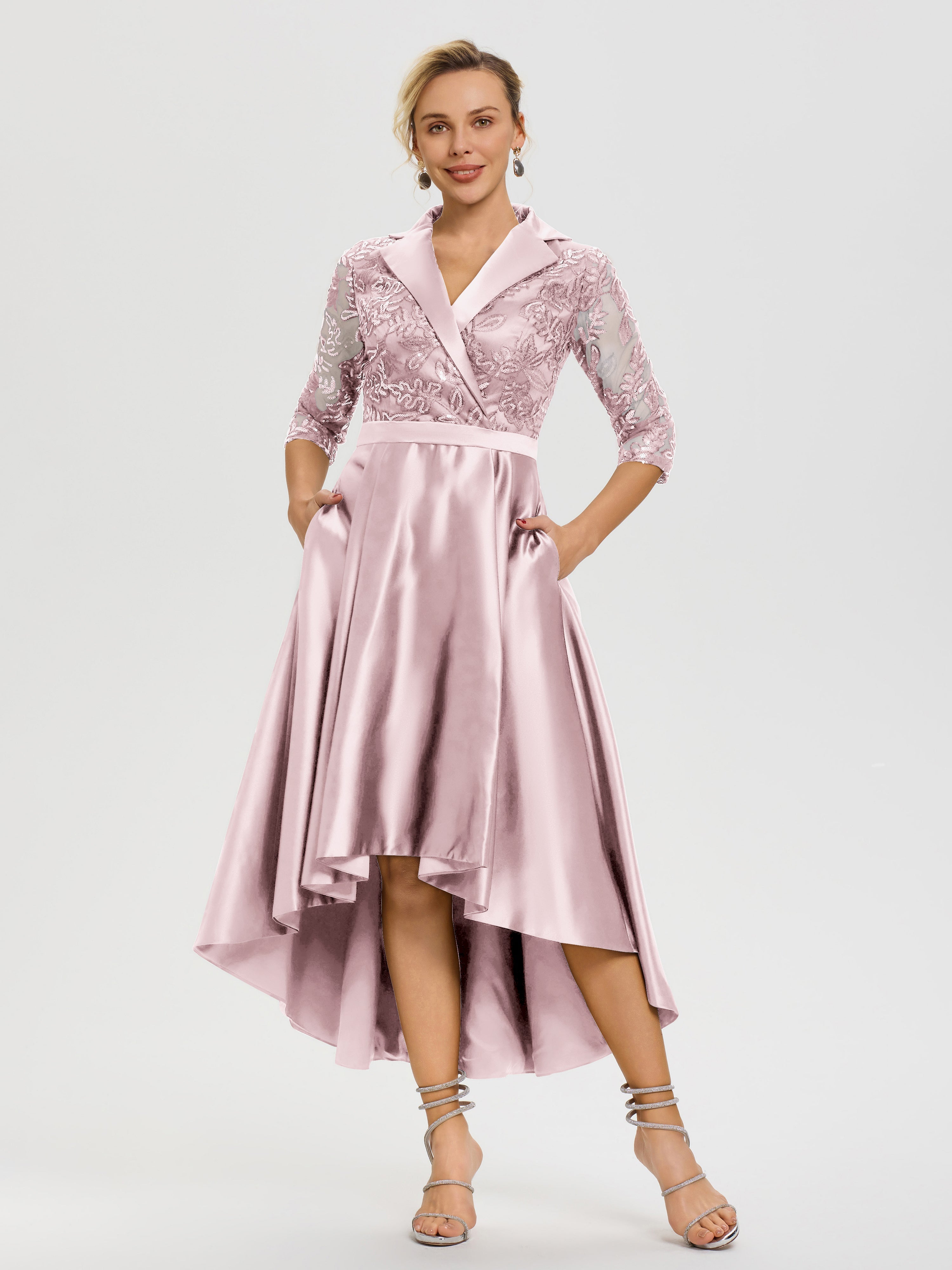 Robe Mariage Mère Du Marié Rose Pâle Col V Asymétrique Satin & Dentelle Robe Mère De La Mariée Moderne