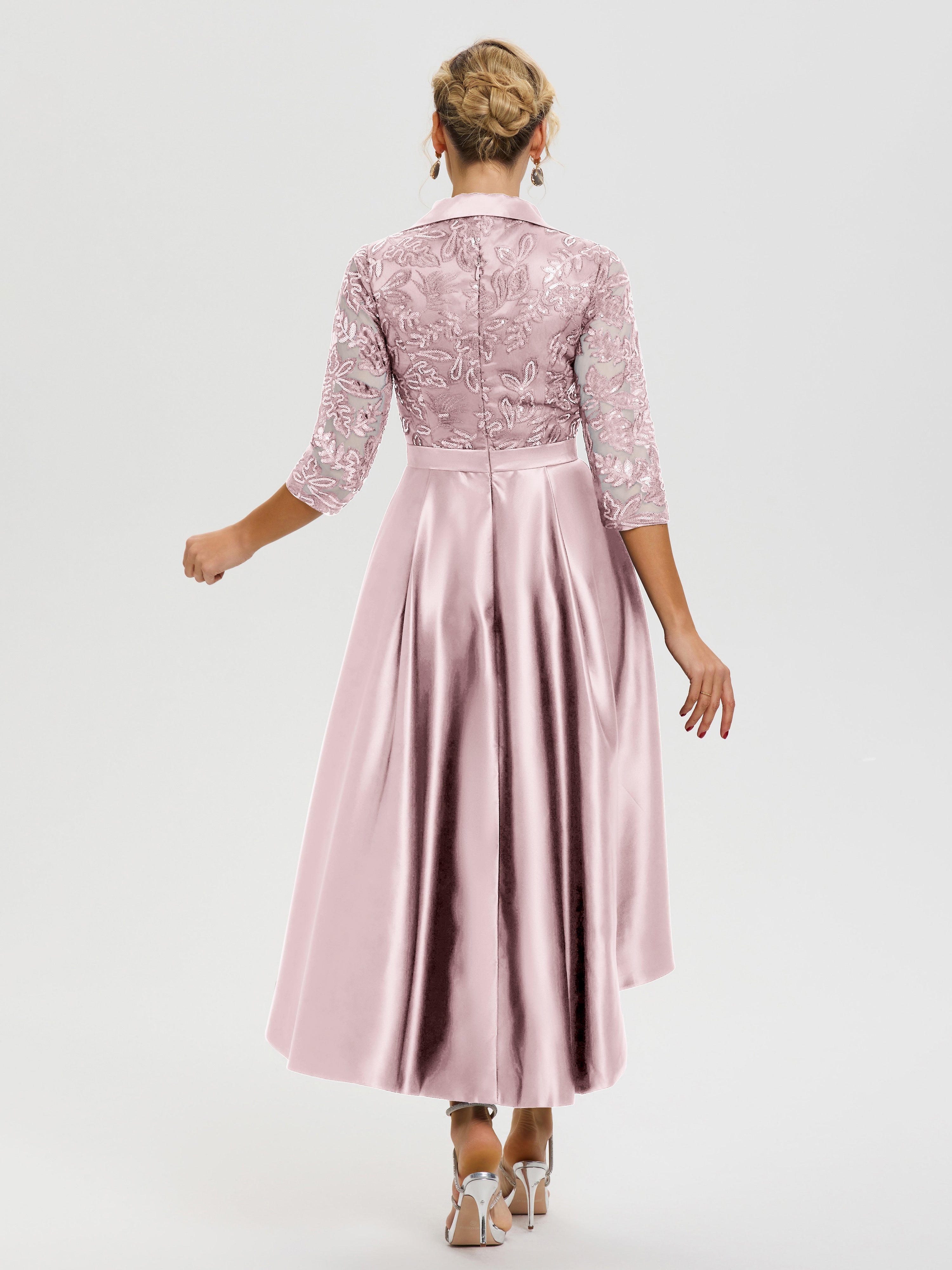 Robe Mariage Mère Du Marié Rose Pâle Col V Asymétrique Satin & Dentelle Robe Mère De La Mariée Moderne