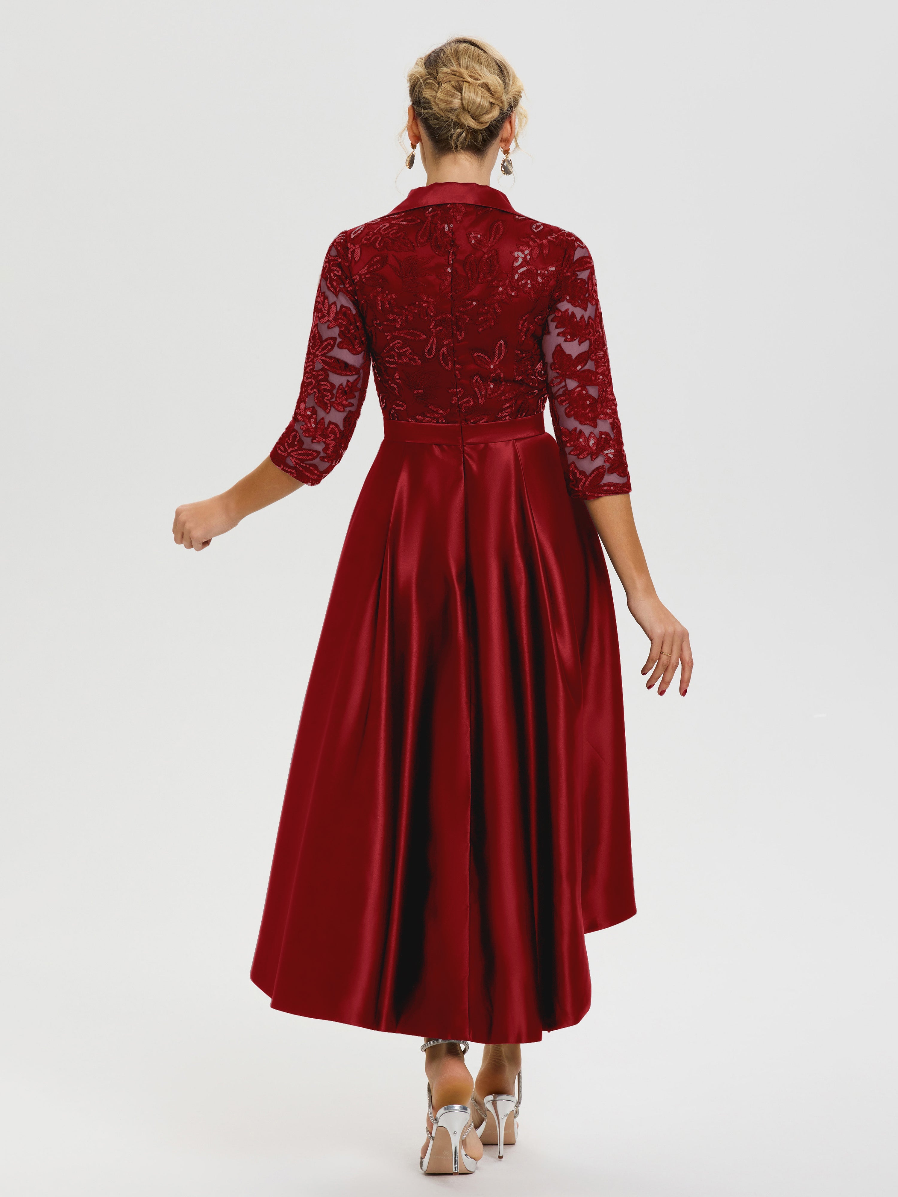 Robe Mere De La Mariee Bordeaux Col V Asymétrique Satin & Dentelle Robe Mère De La Mariée Moderne