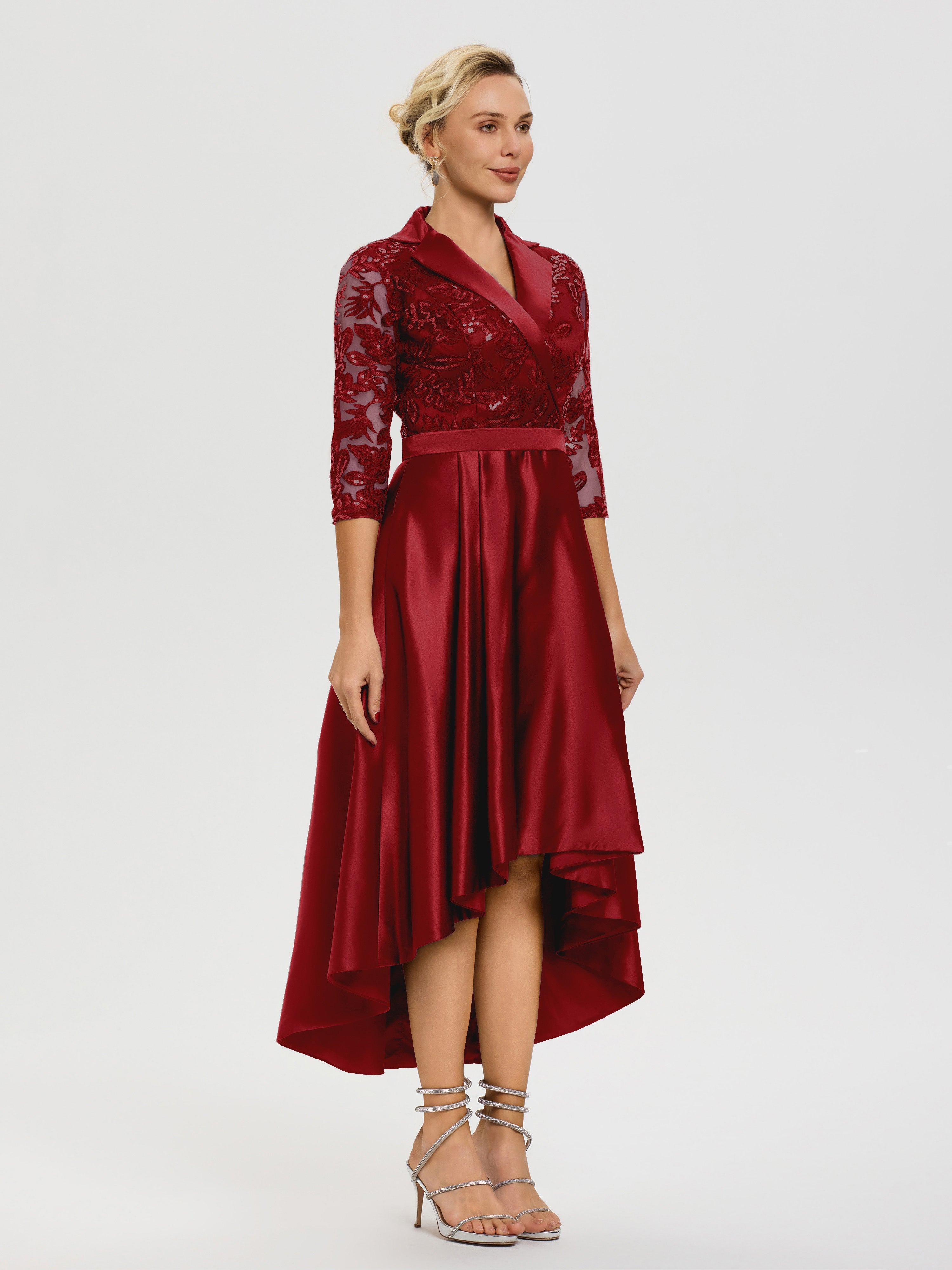 Robe Mere De La Mariee Bordeaux Col V Asymétrique Satin & Dentelle Robe Mère De La Mariée Moderne