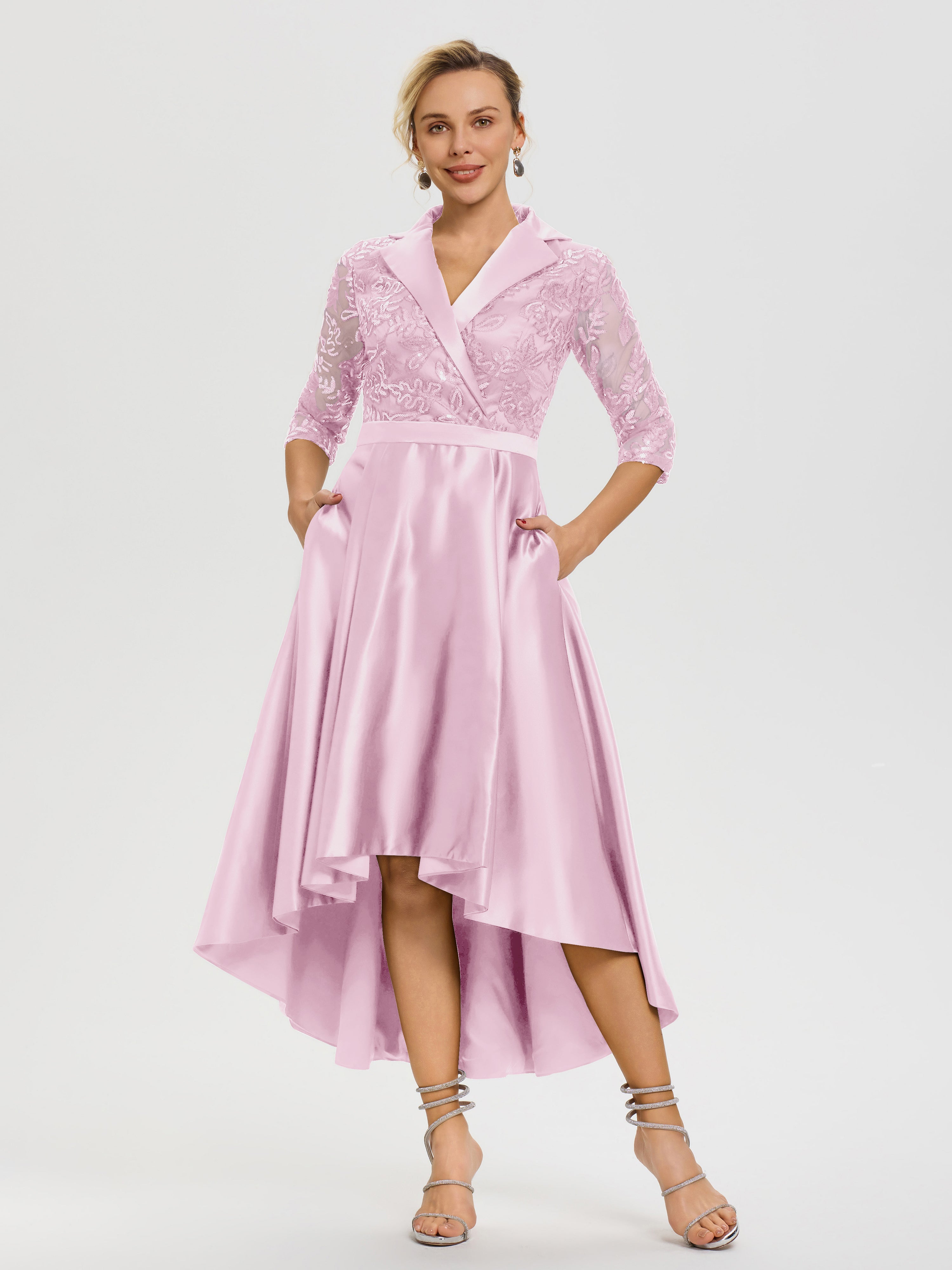 Robe Mariage Mère Du Marié Rose Bonbon Col V Asymétrique Satin & Dentelle Robe Mère De La Mariée Moderne