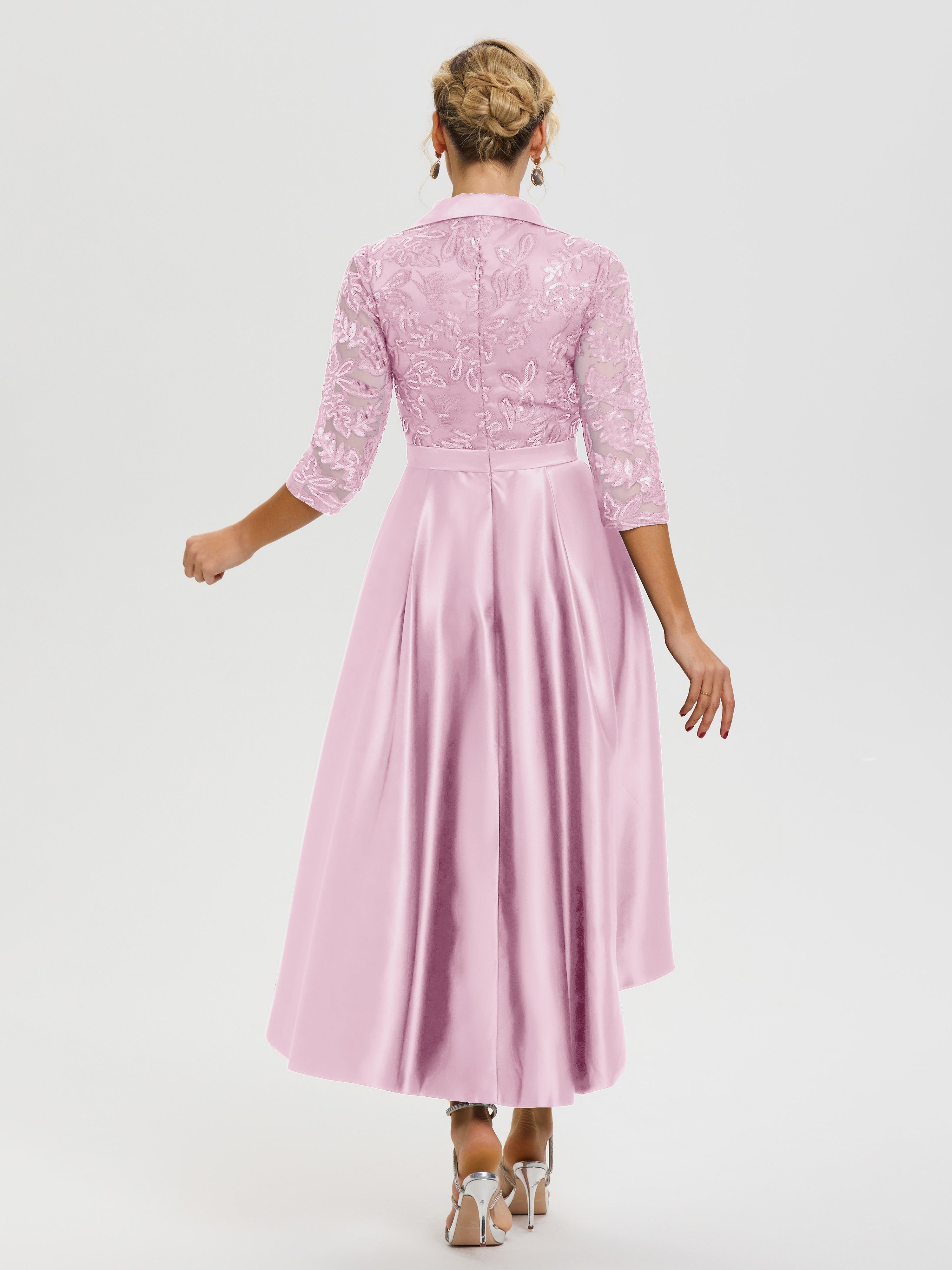 Robe Mariage Mère Du Marié Rose Bonbon Col V Asymétrique Satin & Dentelle Robe Mère De La Mariée Moderne