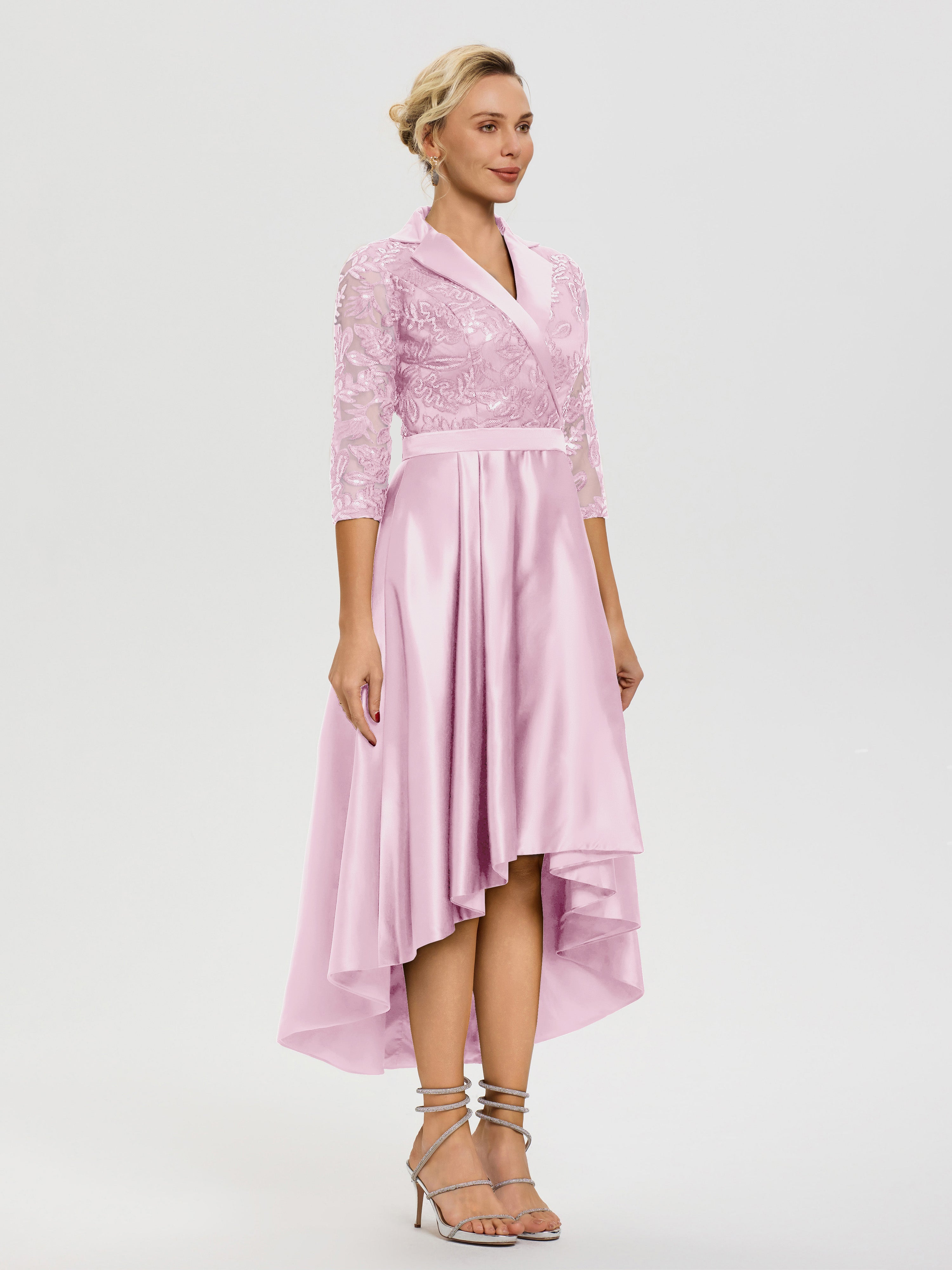 Robe Mariage Mère Du Marié Rose Bonbon Col V Asymétrique Satin & Dentelle Robe Mère De La Mariée Moderne