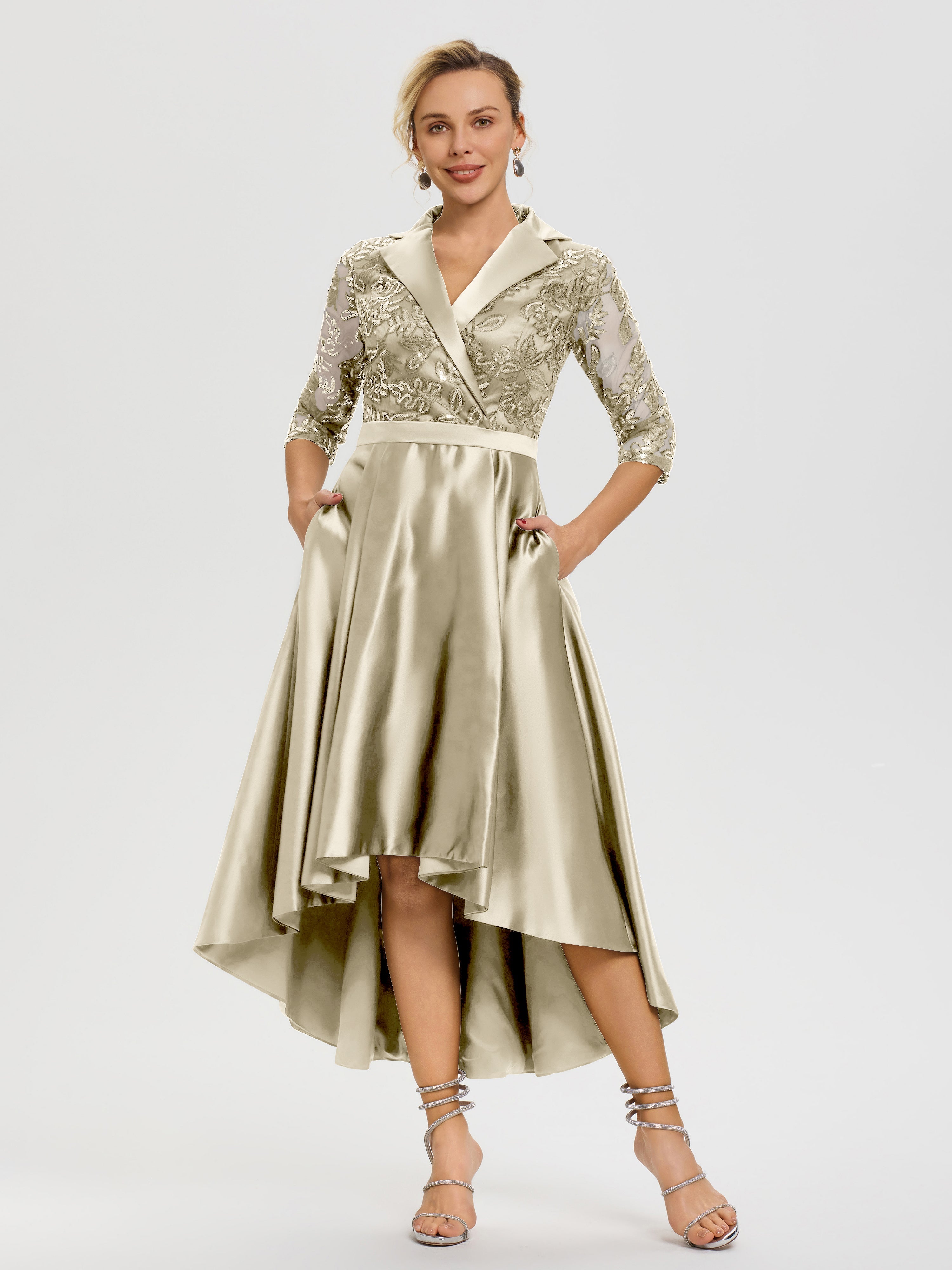 Robe Mere De La Mariee Champagne Col V Asymétrique Satin & Dentelle Robe Mère De La Mariée Moderne