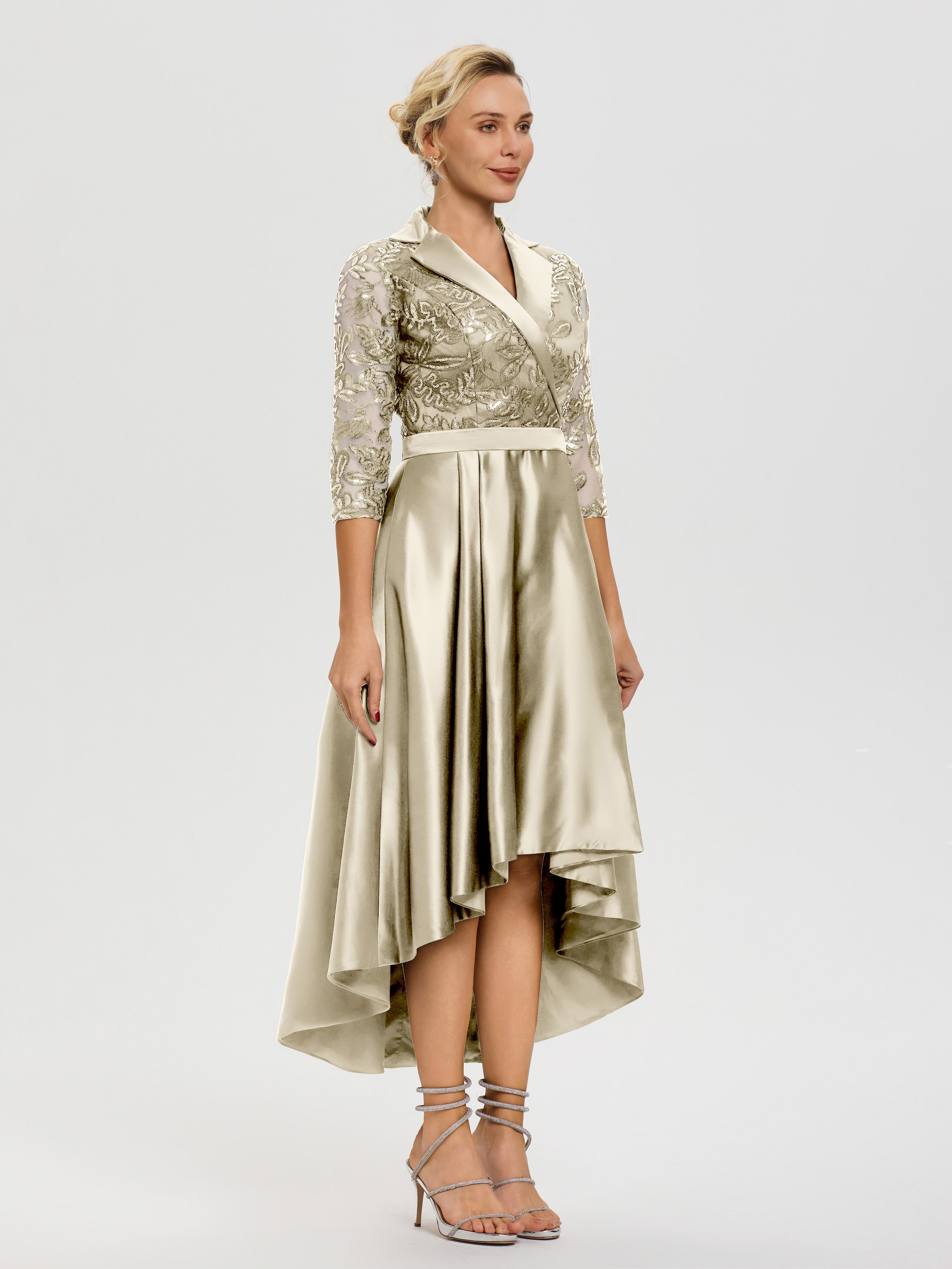 Robe Mere De La Mariee Champagne Col V Asymétrique Satin & Dentelle Robe Mère De La Mariée Moderne