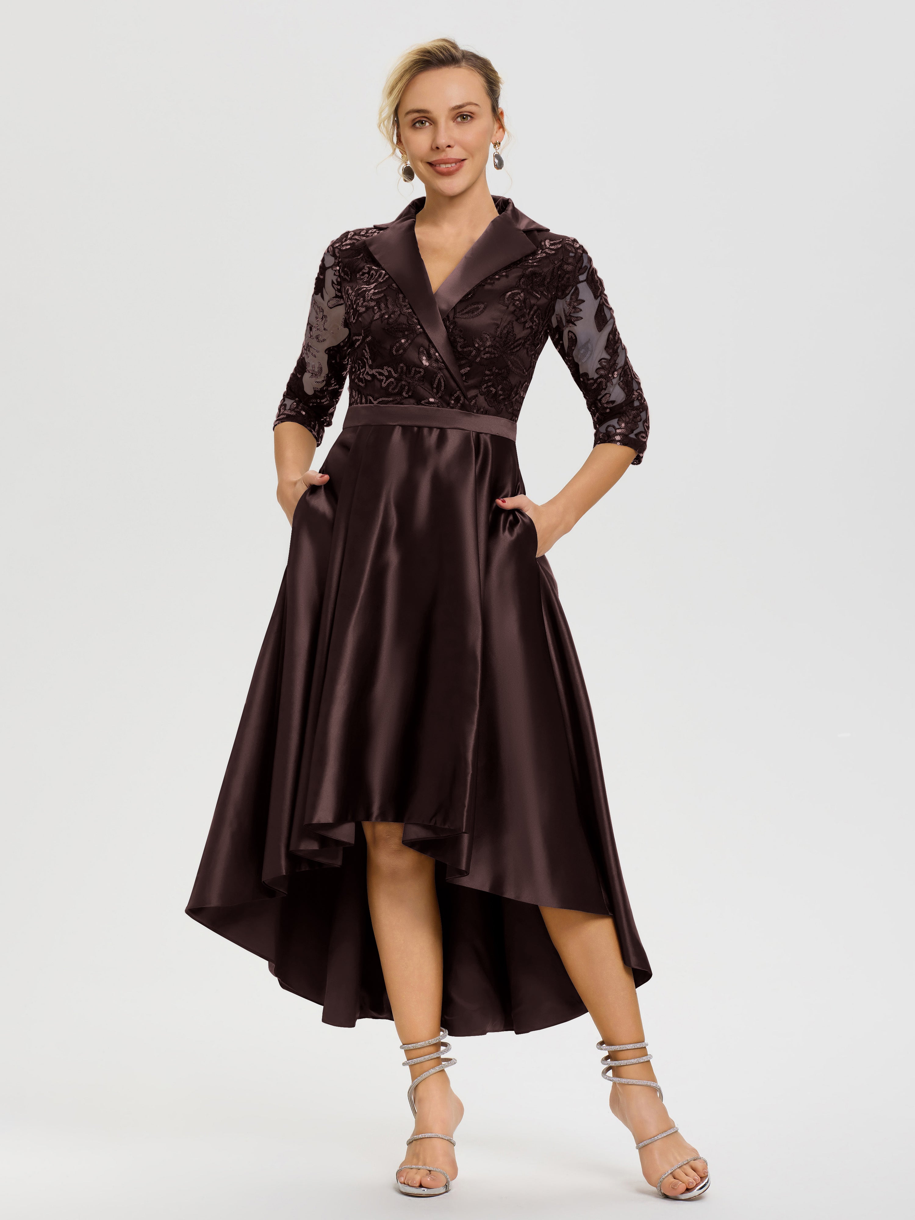Cicinia Robe Mère De La Mariée Chocolat Col V Asymétrique Satin & Dentelle Robe Mère De La Mariée Moderne