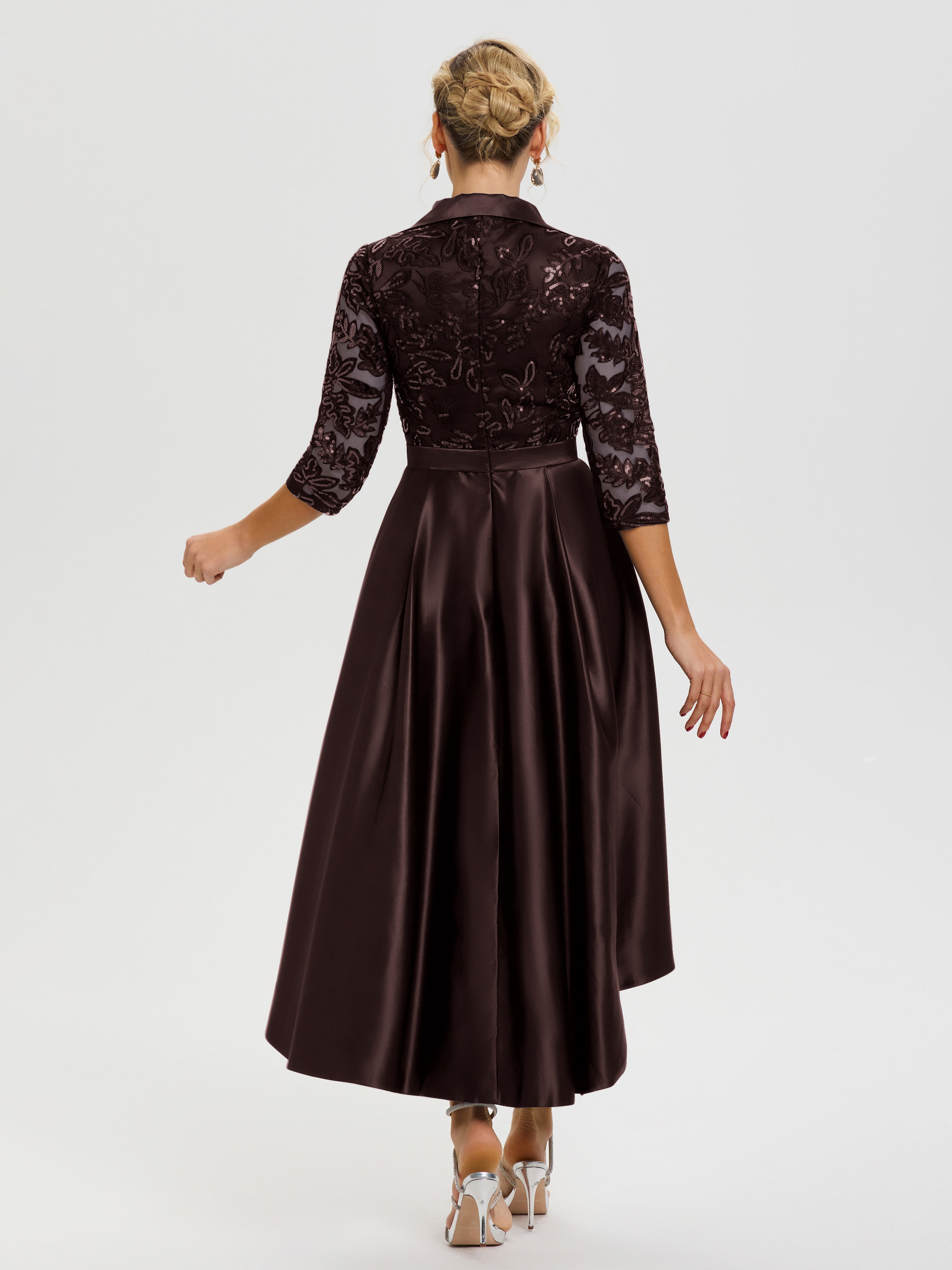 Cicinia Robe Mère De La Mariée Chocolat Col V Asymétrique Satin & Dentelle Robe Mère De La Mariée Moderne