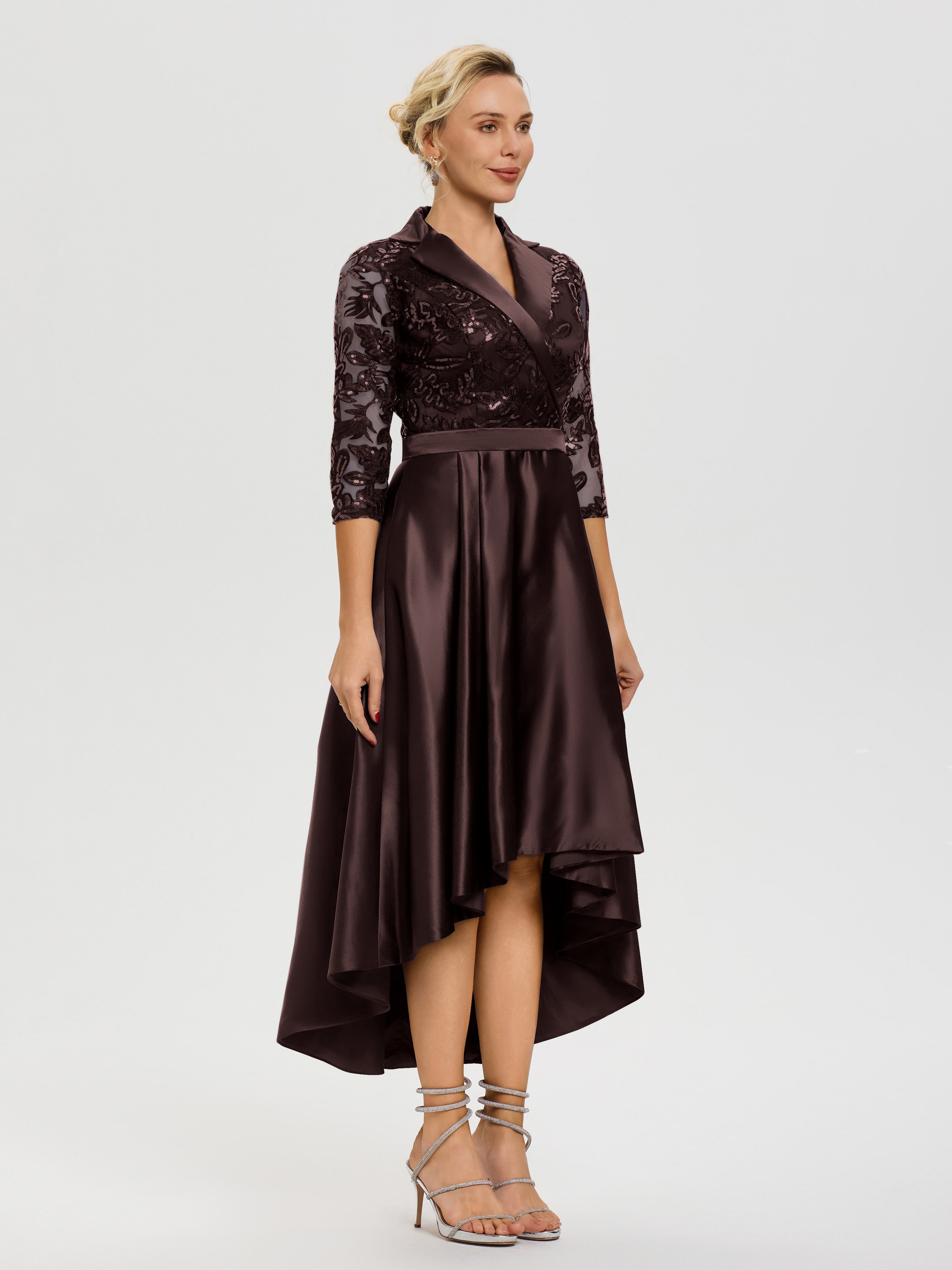 Cicinia Robe Mère De La Mariée Chocolat Col V Asymétrique Satin & Dentelle Robe Mère De La Mariée Moderne