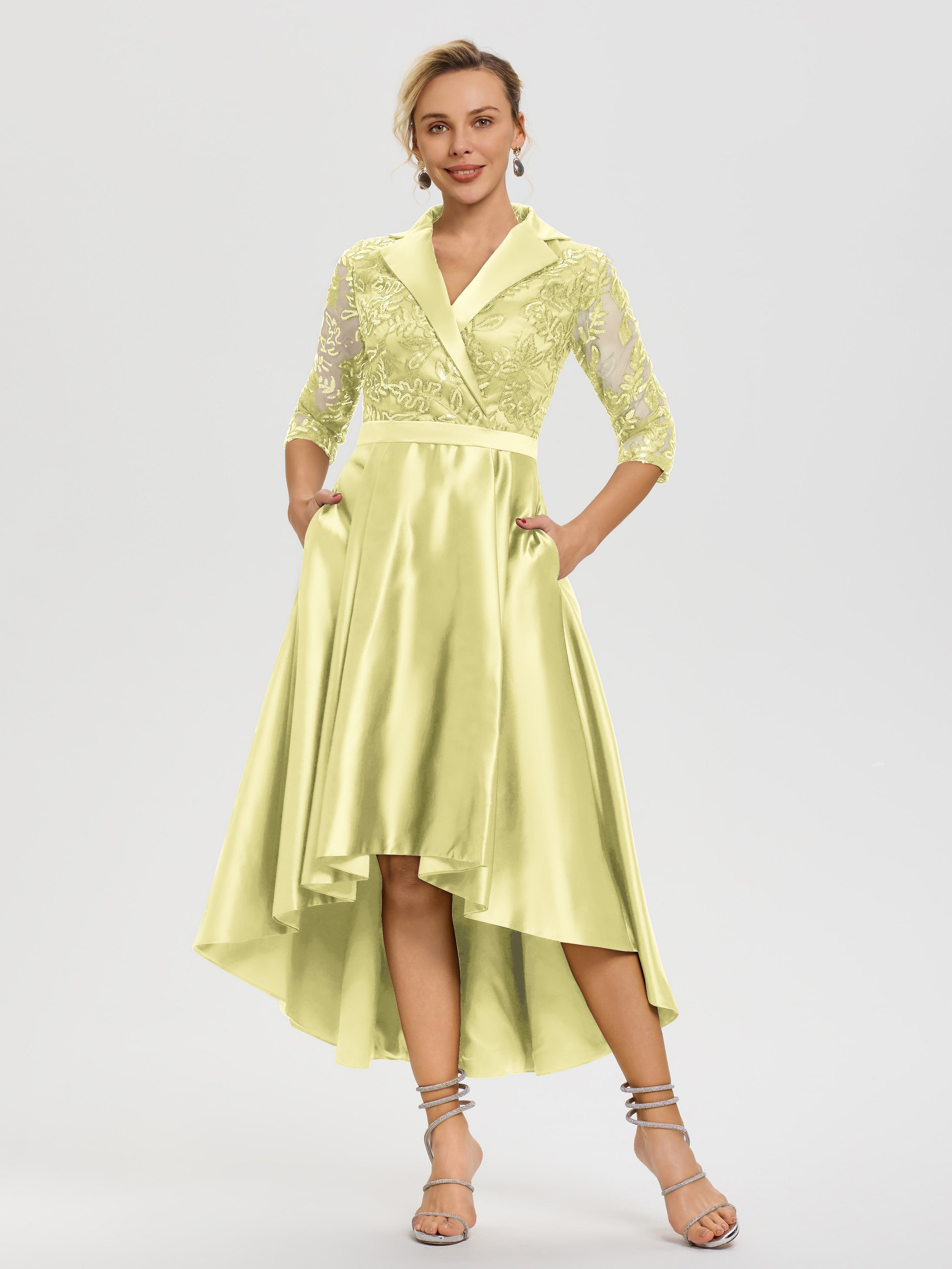 Robe De Mère Du Marié Jonquille Col V Asymétrique Satin & Dentelle Robe Mère De La Mariée Moderne