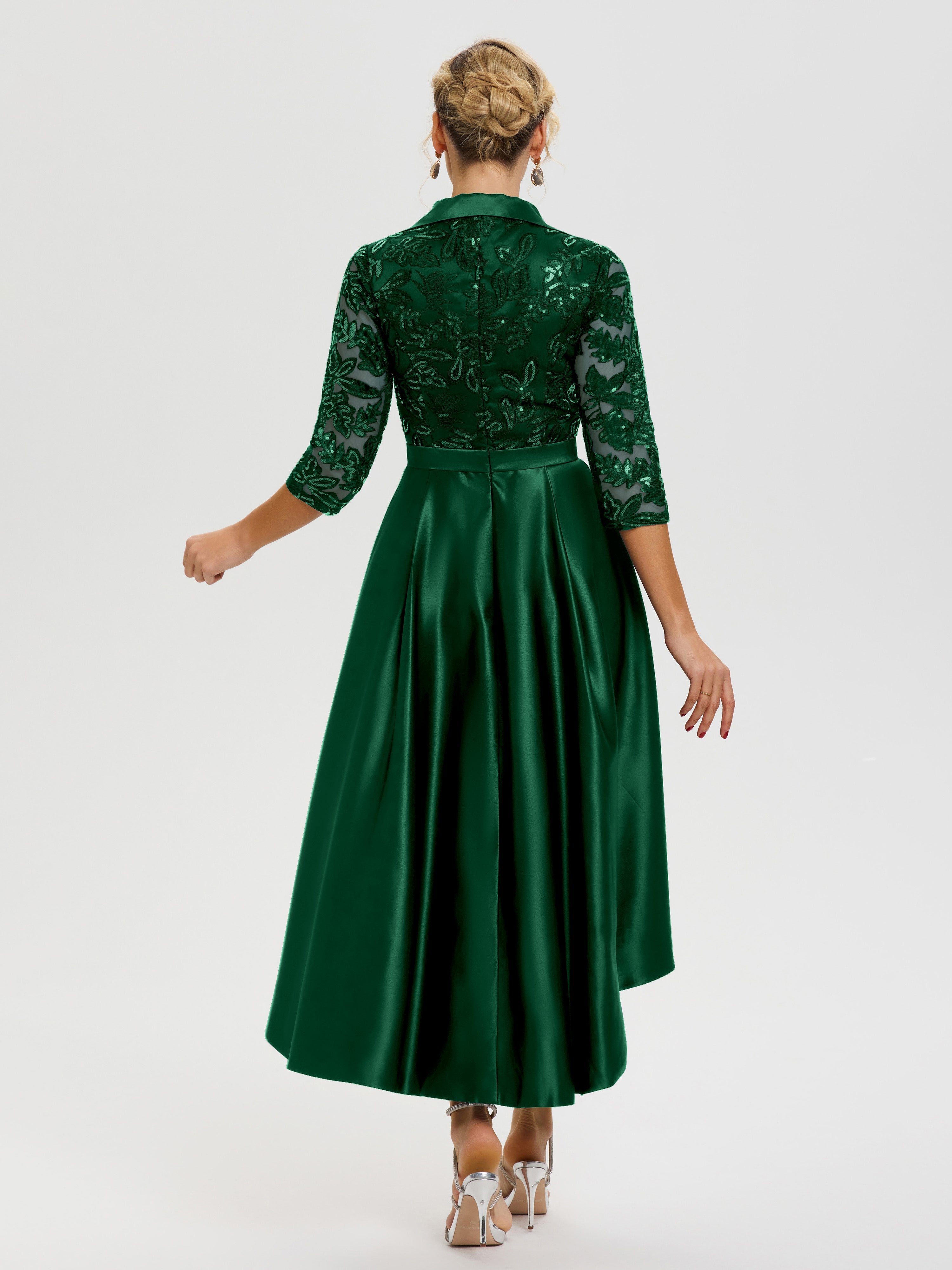 Robe Mère De La Mariée Chic Vert Foncé Col V Asymétrique Satin & Dentelle Robe Mère De La Mariée Moderne