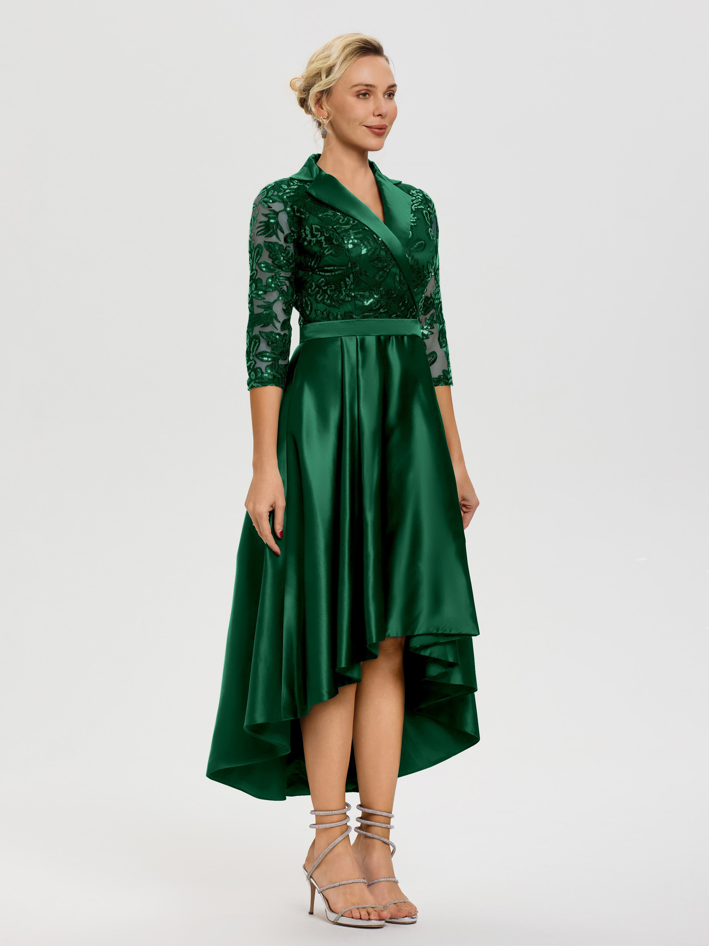 Robe Mère De La Mariée Chic Vert Foncé Col V Asymétrique Satin & Dentelle Robe Mère De La Mariée Moderne