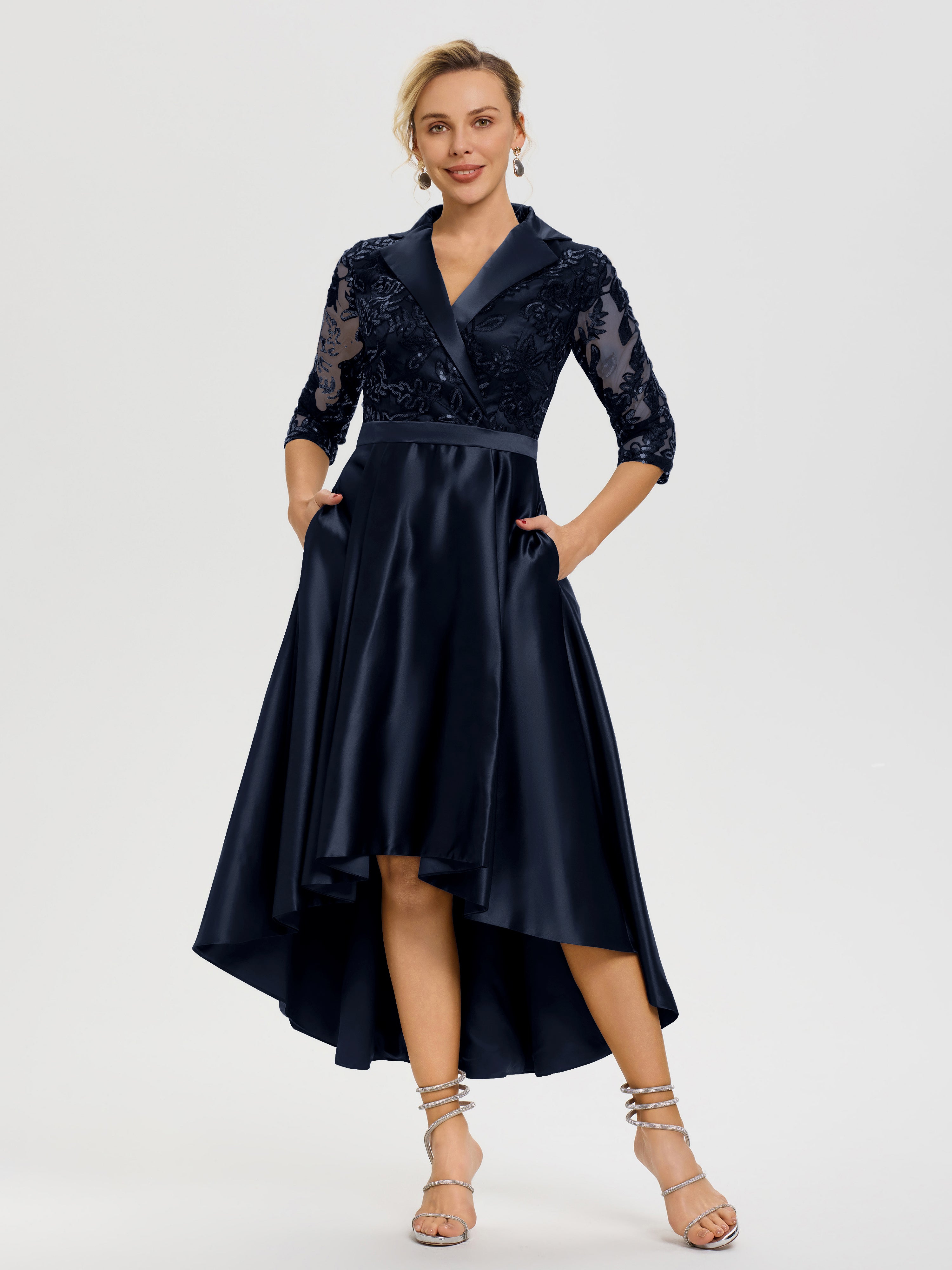 Robe Mere De La Mariee Bleu Marine Col V Asymétrique Satin & Dentelle Robe Mère De La Mariée Moderne