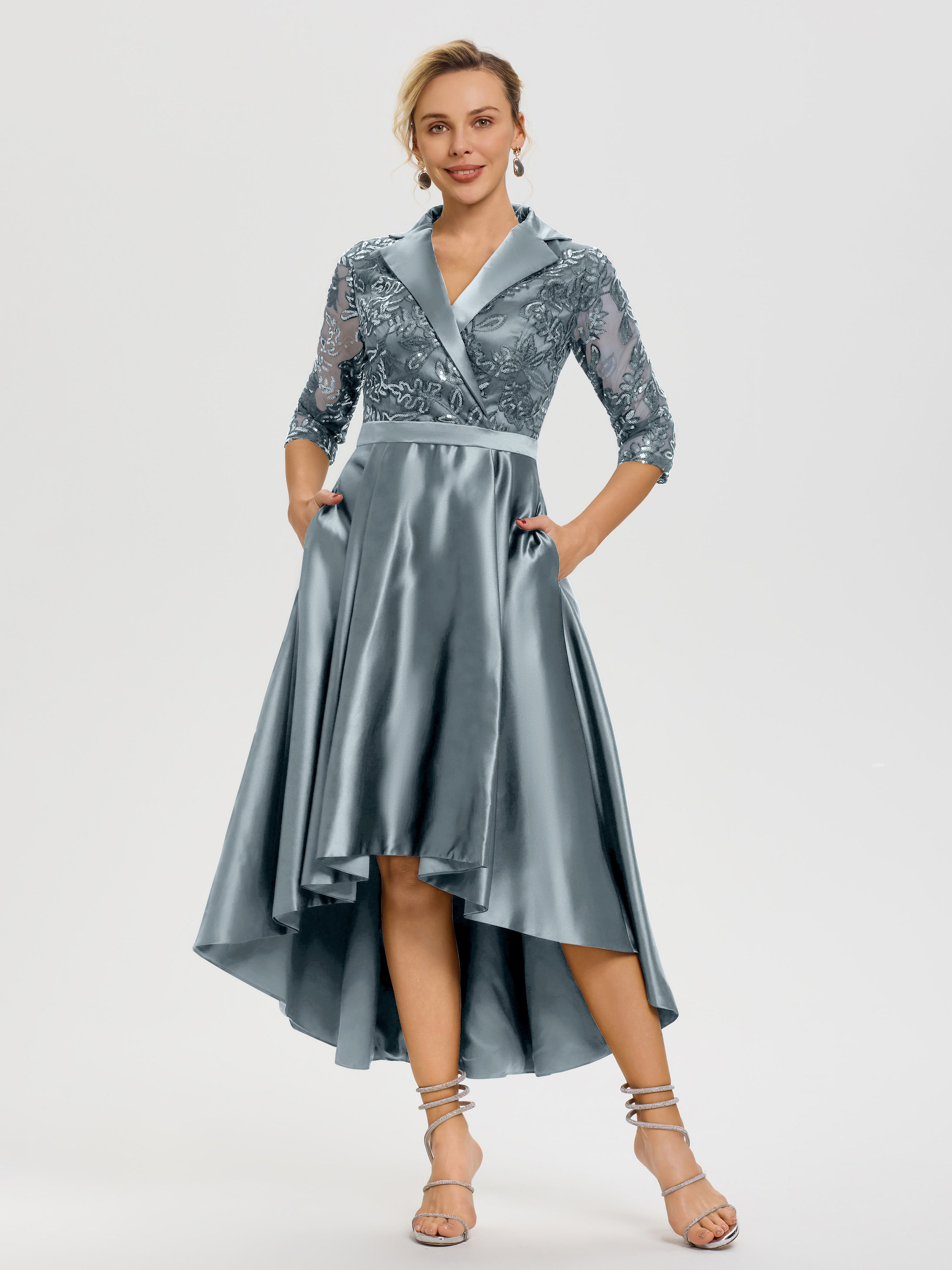 Tenue Mere Dela Mariee Bleu Poudré Col V Asymétrique Satin & Dentelle Robe Mère De La Mariée Moderne