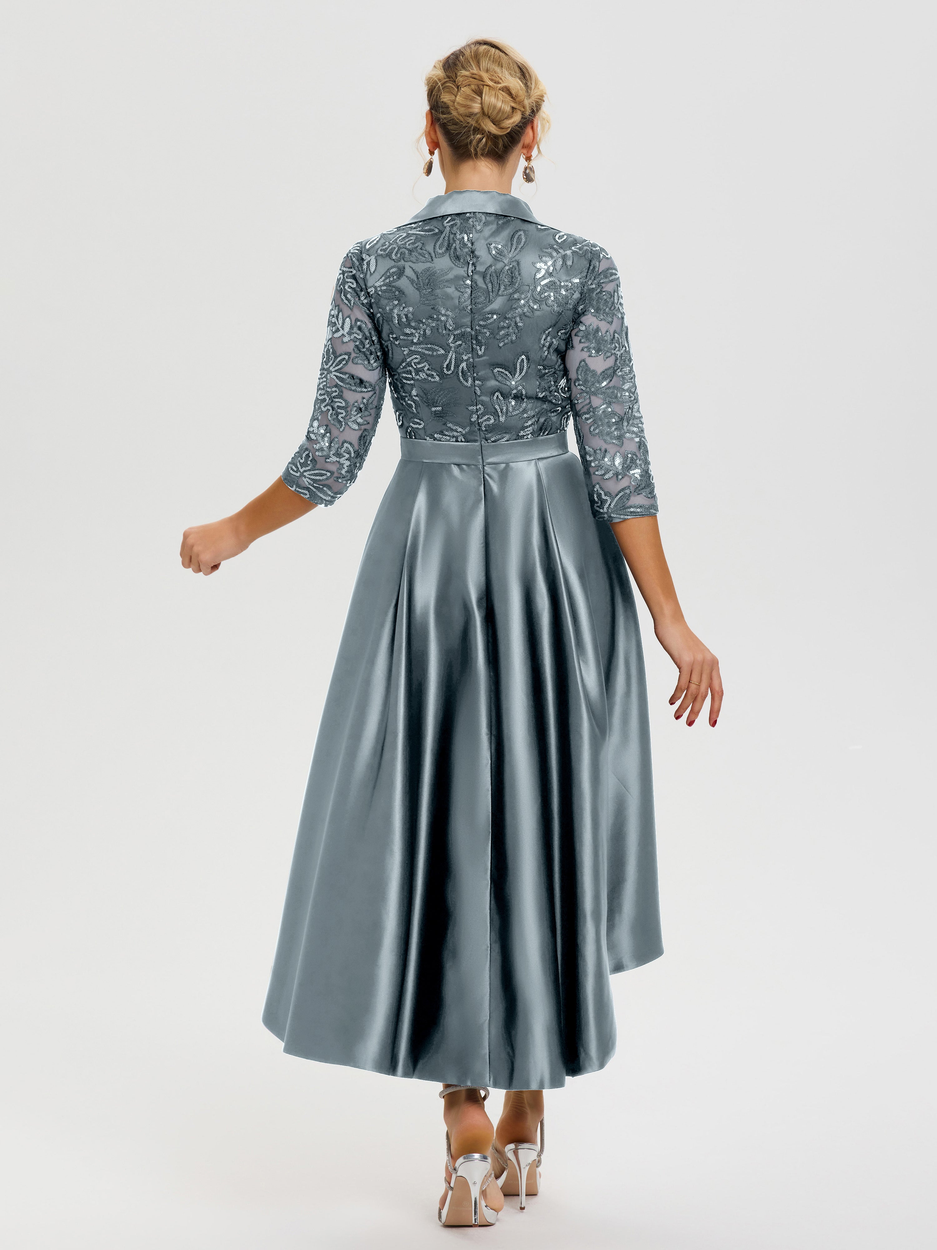 Tenue Mere Dela Mariee Bleu Poudré Col V Asymétrique Satin & Dentelle Robe Mère De La Mariée Moderne