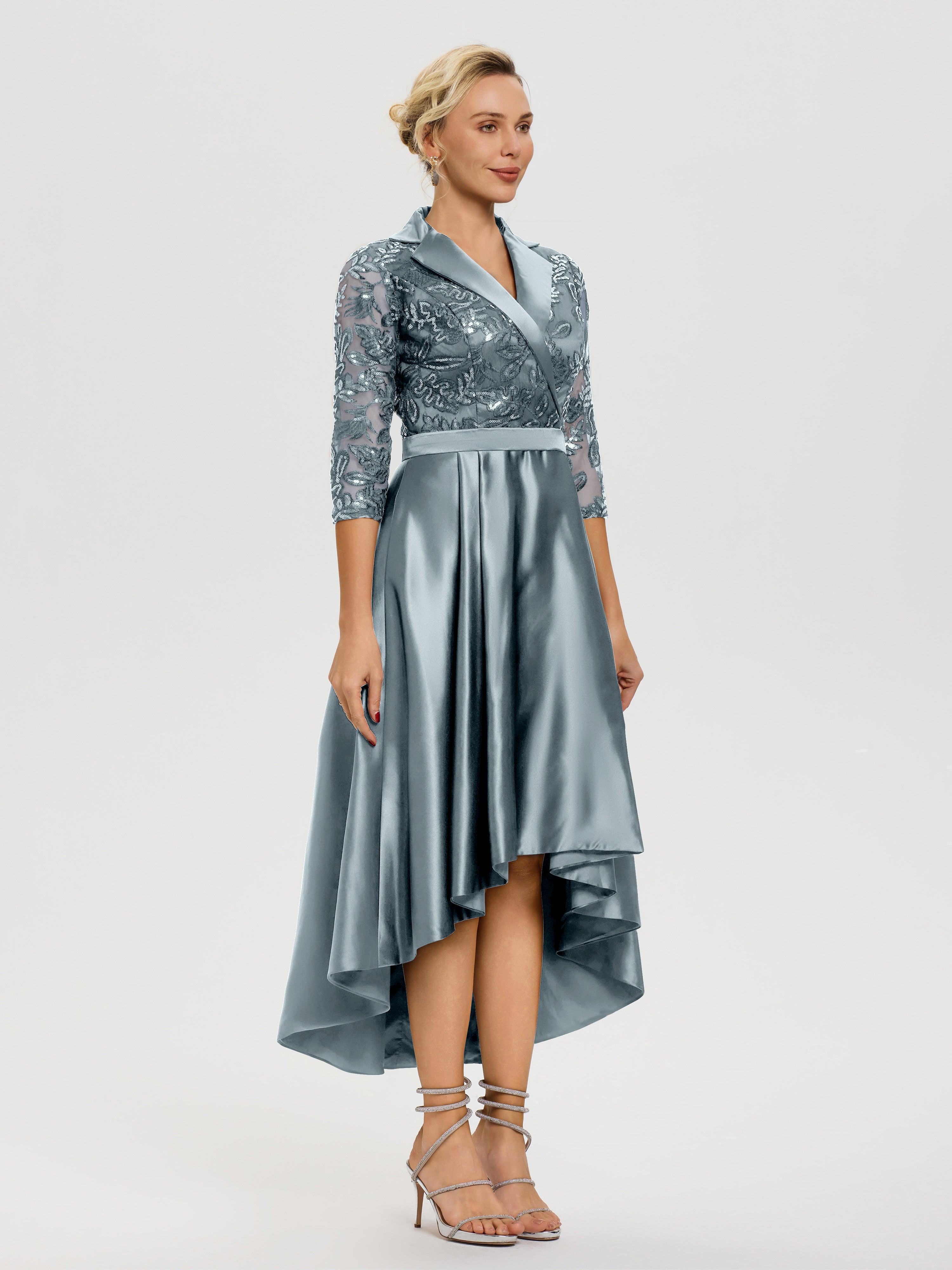 Tenue Mere Dela Mariee Bleu Poudré Col V Asymétrique Satin & Dentelle Robe Mère De La Mariée Moderne