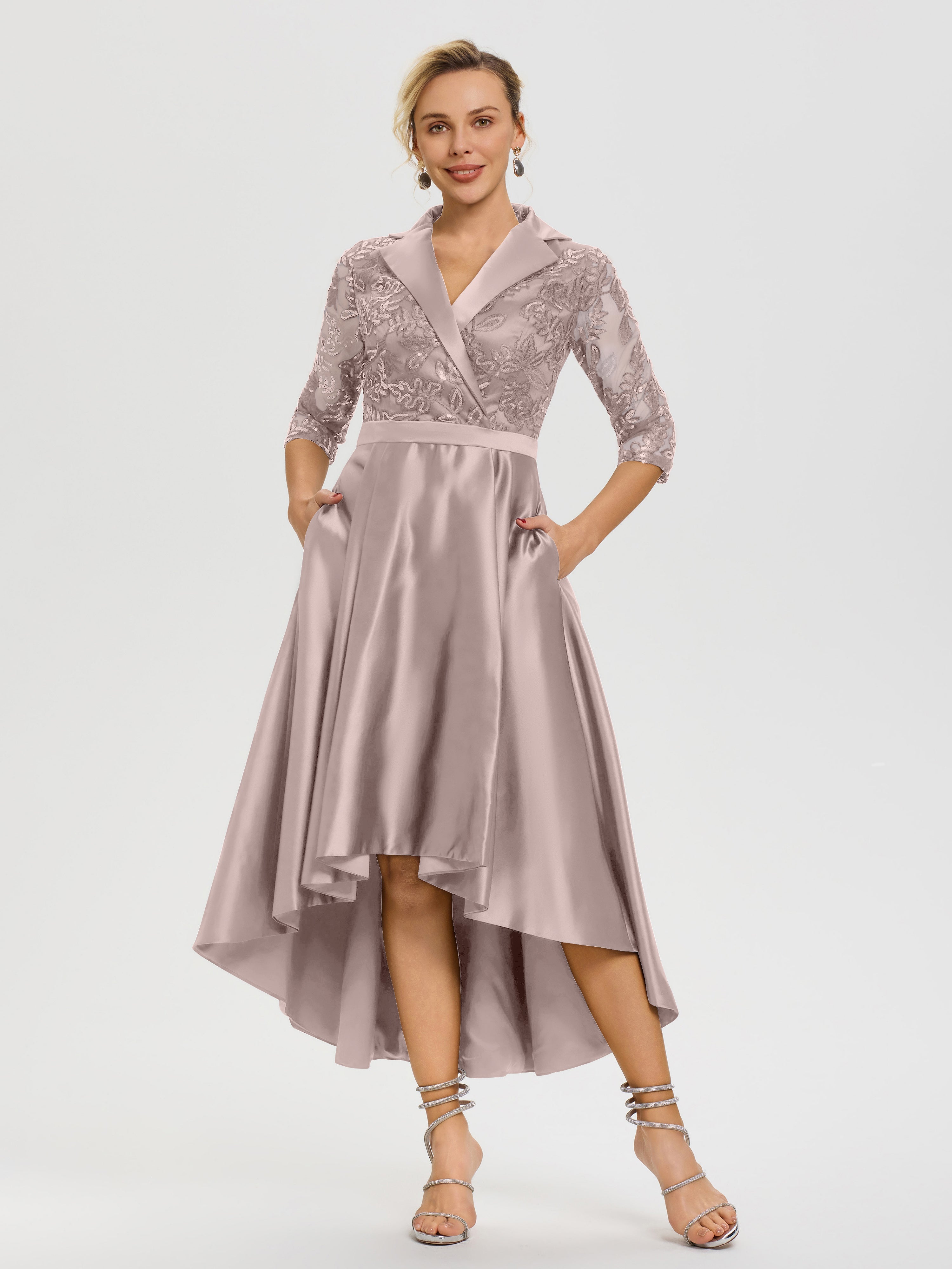Robe Mere Dela Mariee Rose Poudré Col V Asymétrique Satin & Dentelle Robe Mère De La Mariée Moderne