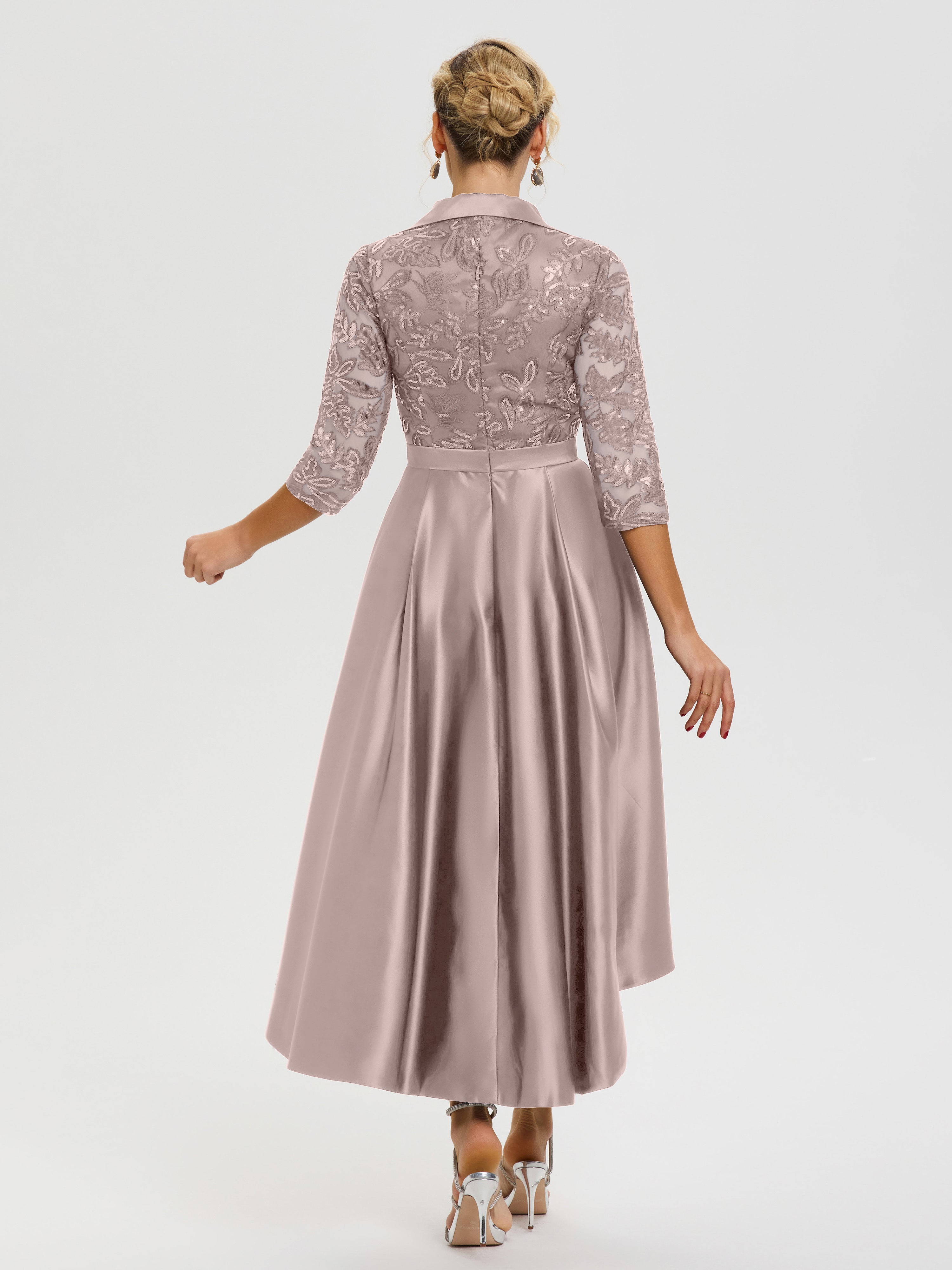 Robe Mere Dela Mariee Rose Poudré Col V Asymétrique Satin & Dentelle Robe Mère De La Mariée Moderne