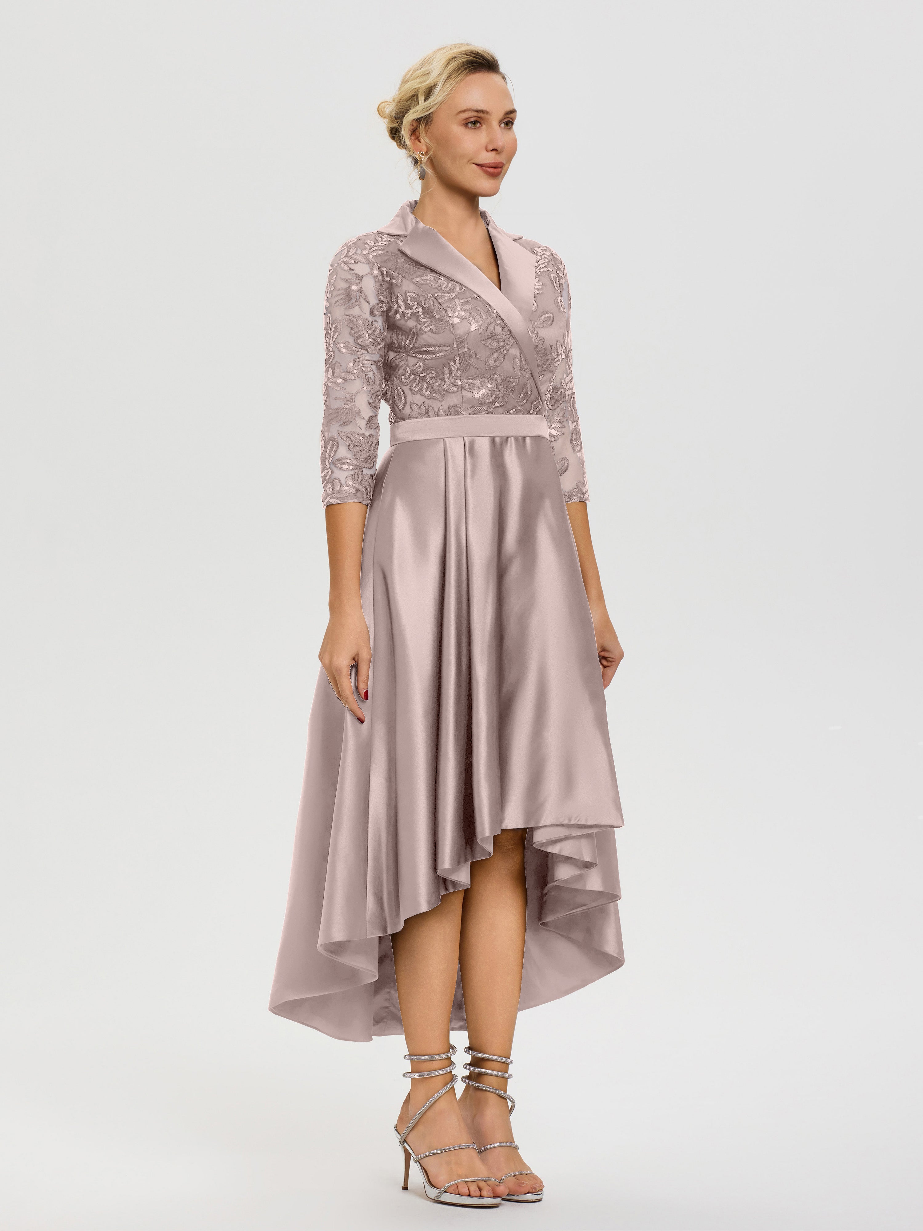 Robe Mere Dela Mariee Rose Poudré Col V Asymétrique Satin & Dentelle Robe Mère De La Mariée Moderne
