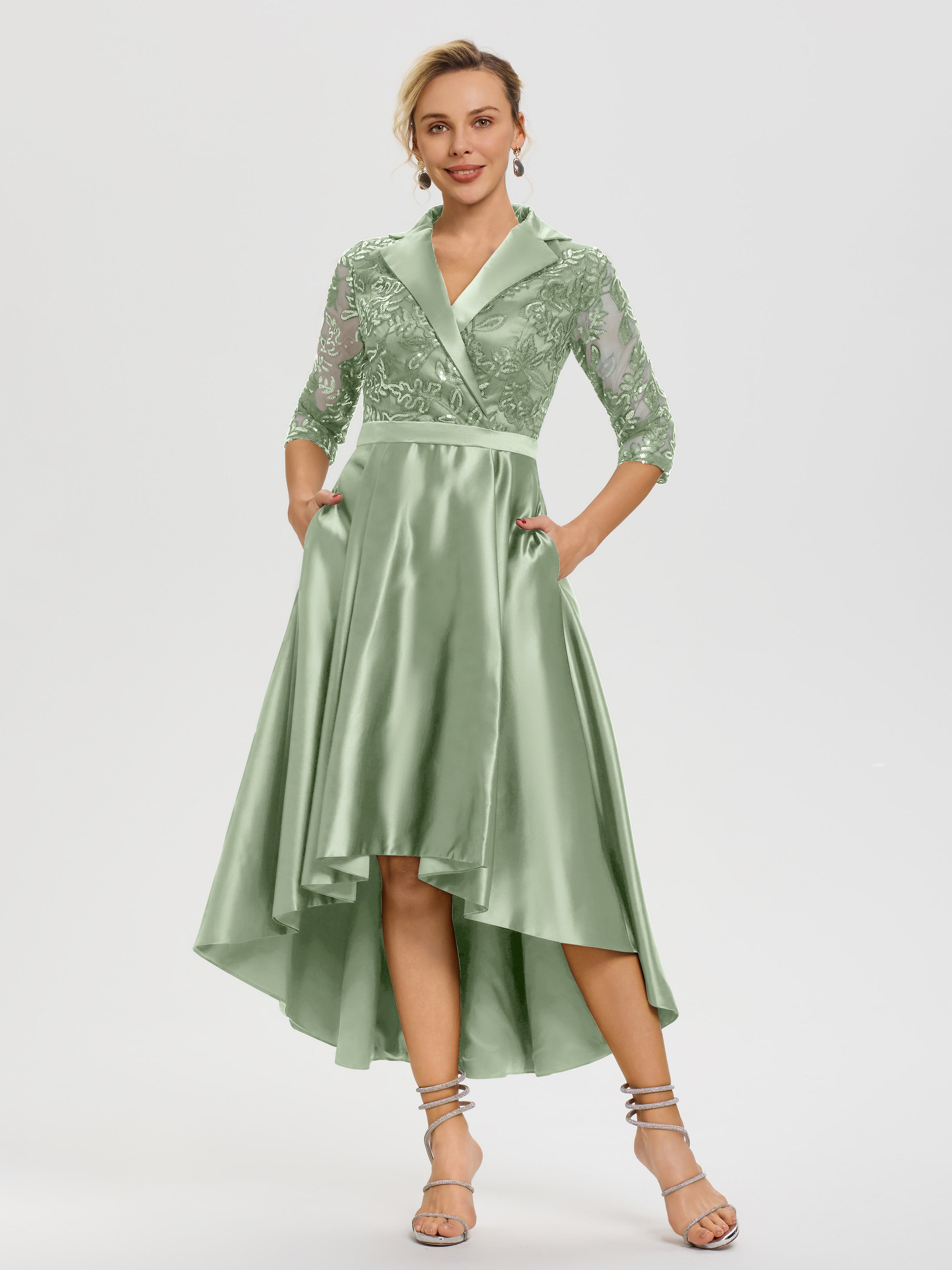Robe Mariage Mère Du Marié Sauge Poudrée Col V Asymétrique Satin & Dentelle Robe Mère De La Mariée Moderne