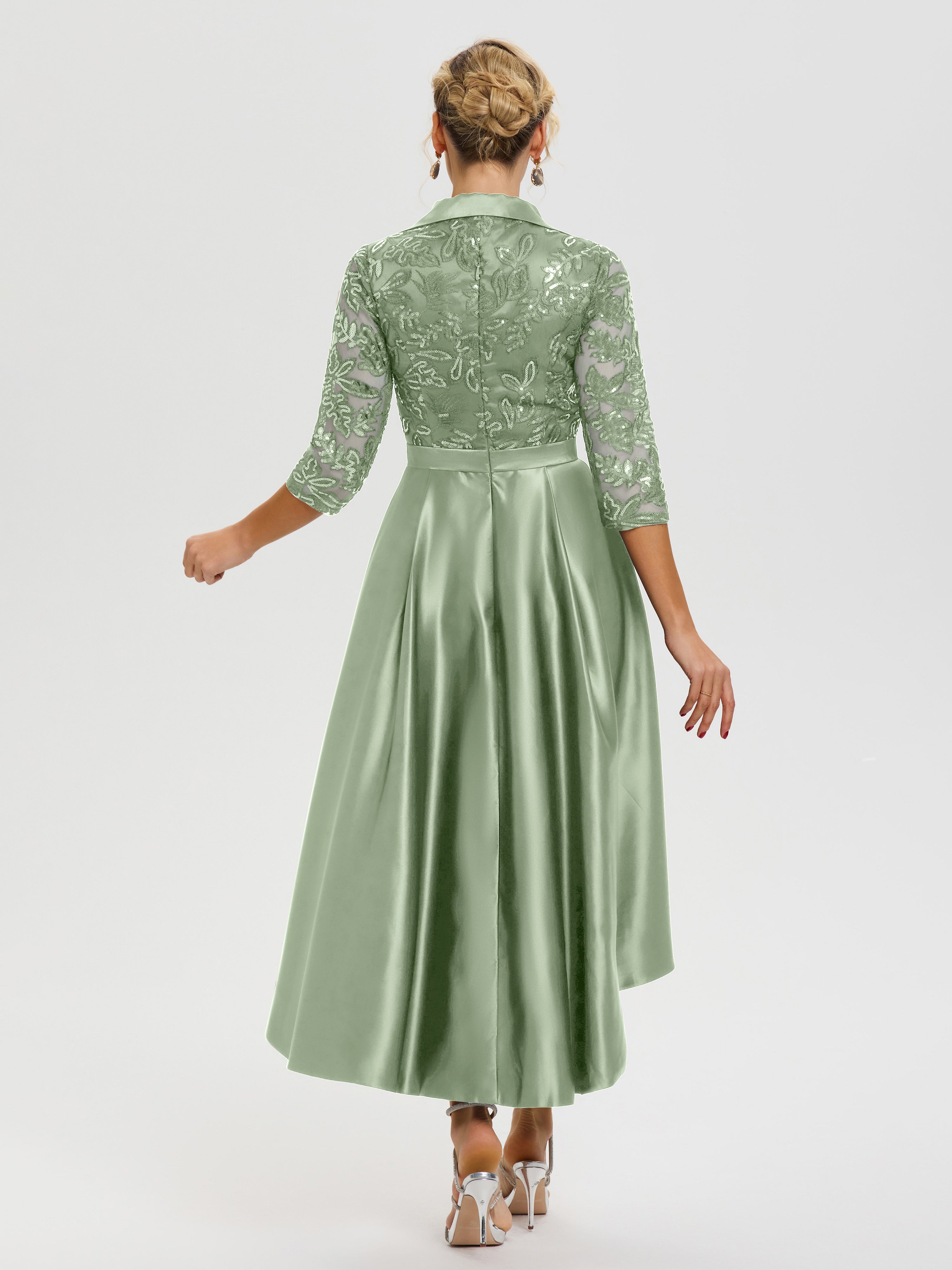 Robe Mariage Mère Du Marié Sauge Poudrée Col V Asymétrique Satin & Dentelle Robe Mère De La Mariée Moderne