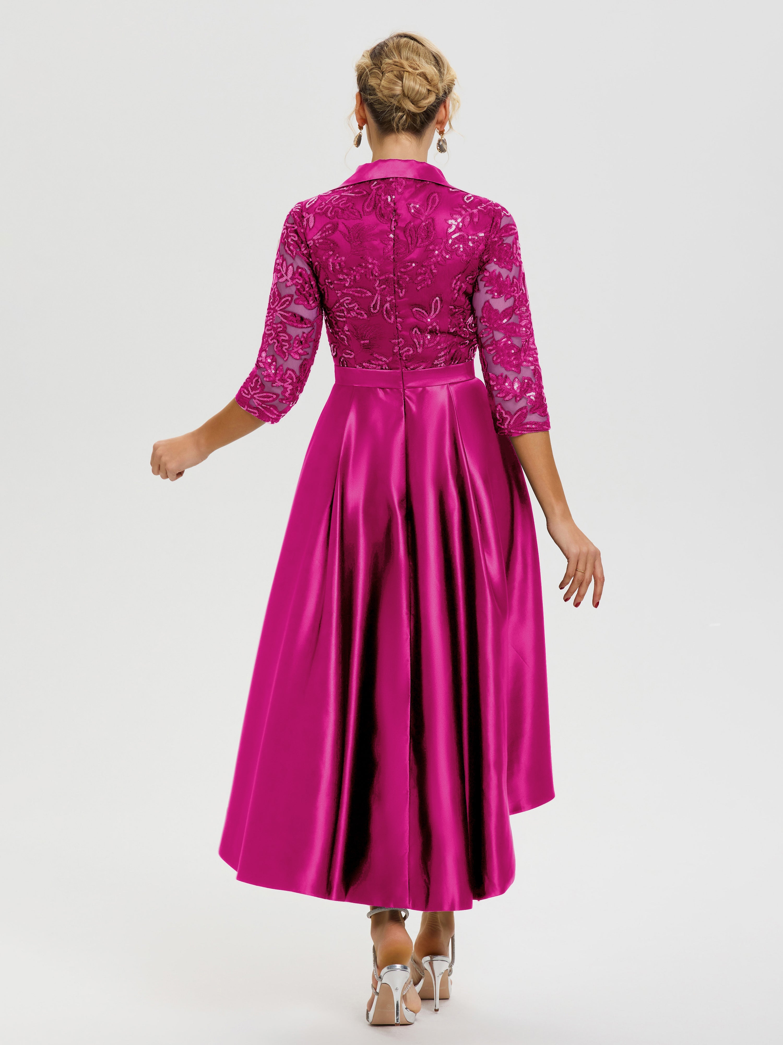 Robe De Mère Du Marié Fuchsia Col V Asymétrique Satin & Dentelle Robe Mère De La Mariée Moderne