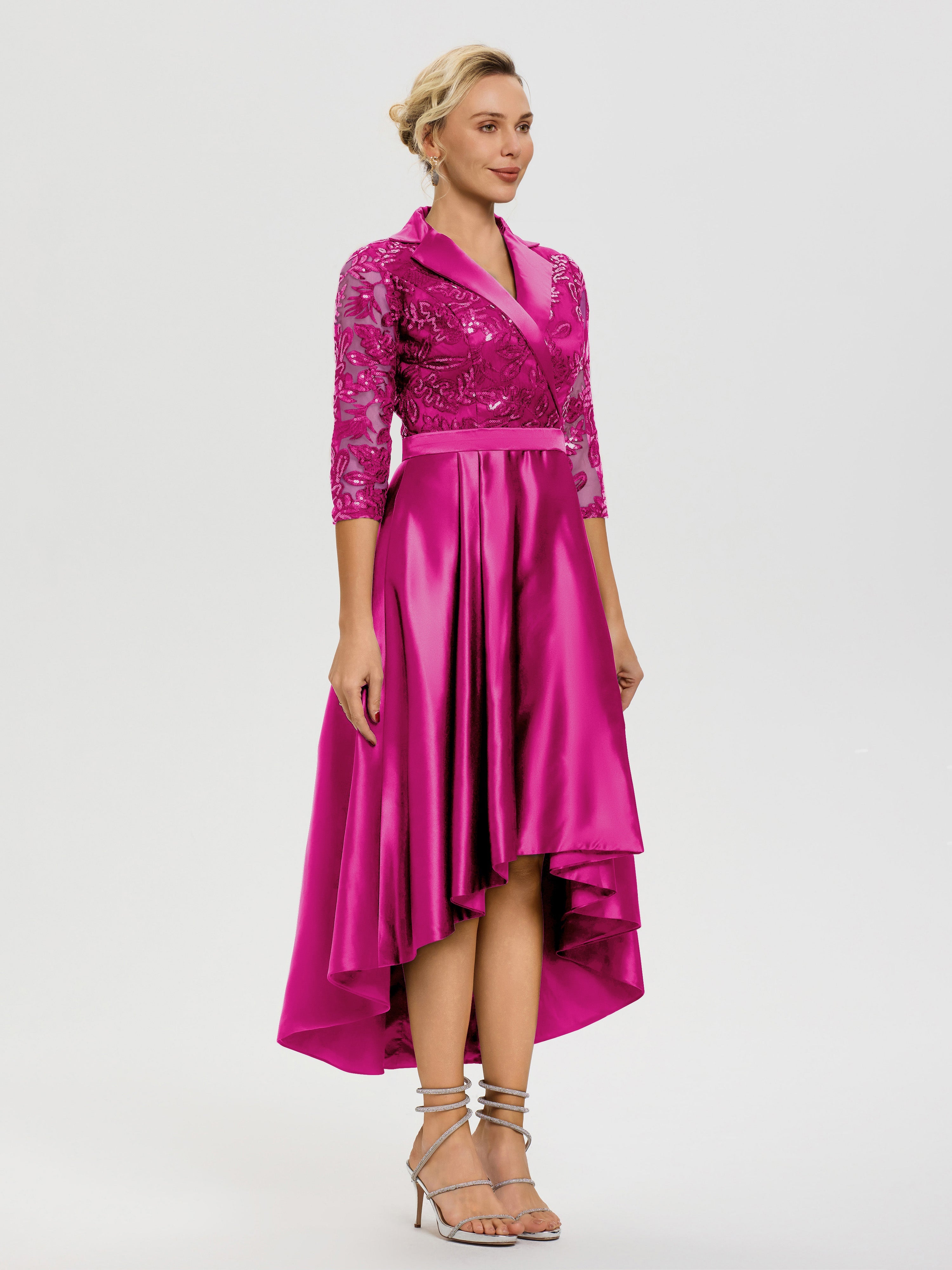 Robe De Mère Du Marié Fuchsia Col V Asymétrique Satin & Dentelle Robe Mère De La Mariée Moderne