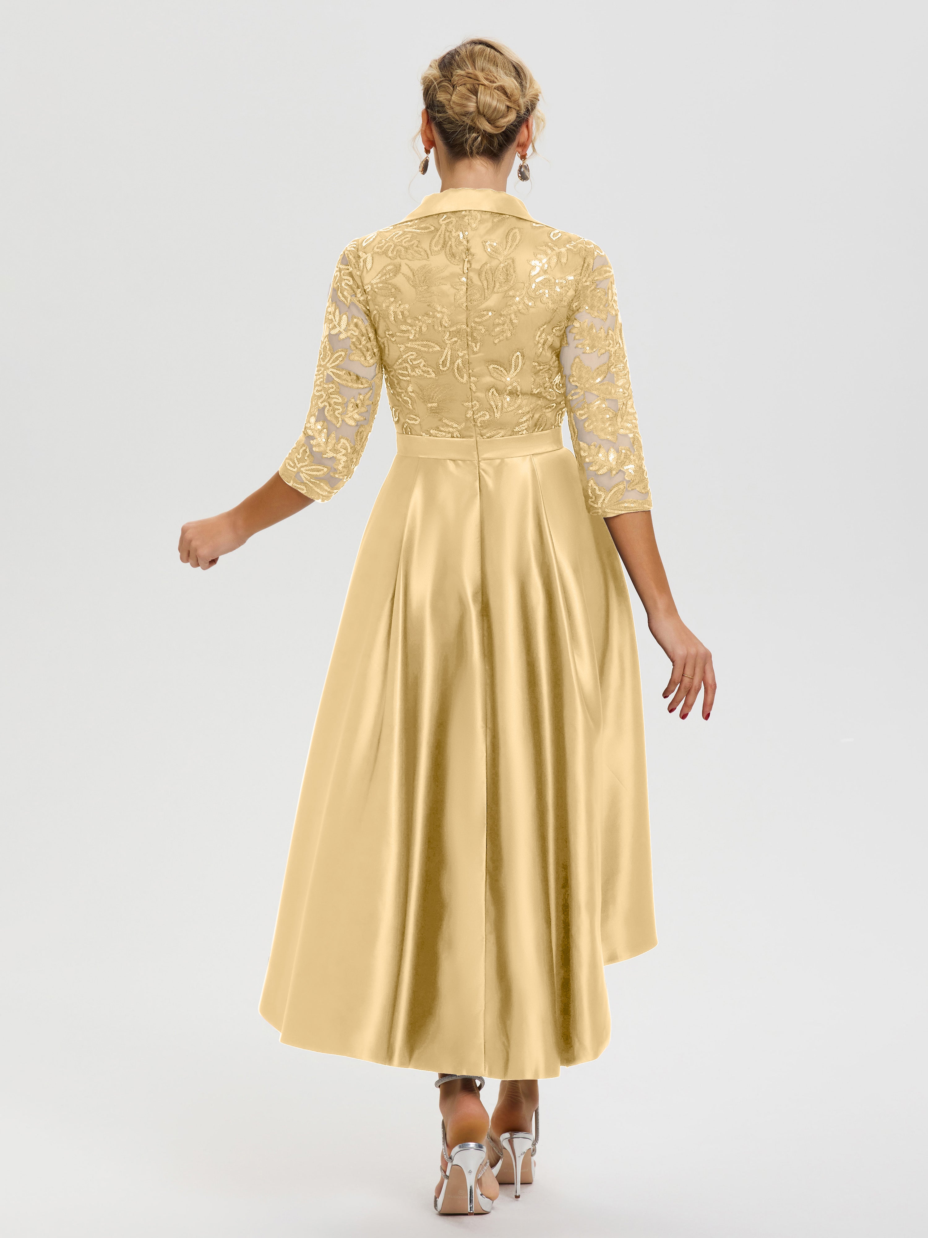 Robe De Mère Du Marié Or Col V Asymétrique Satin & Dentelle Robe Mère De La Mariée Moderne