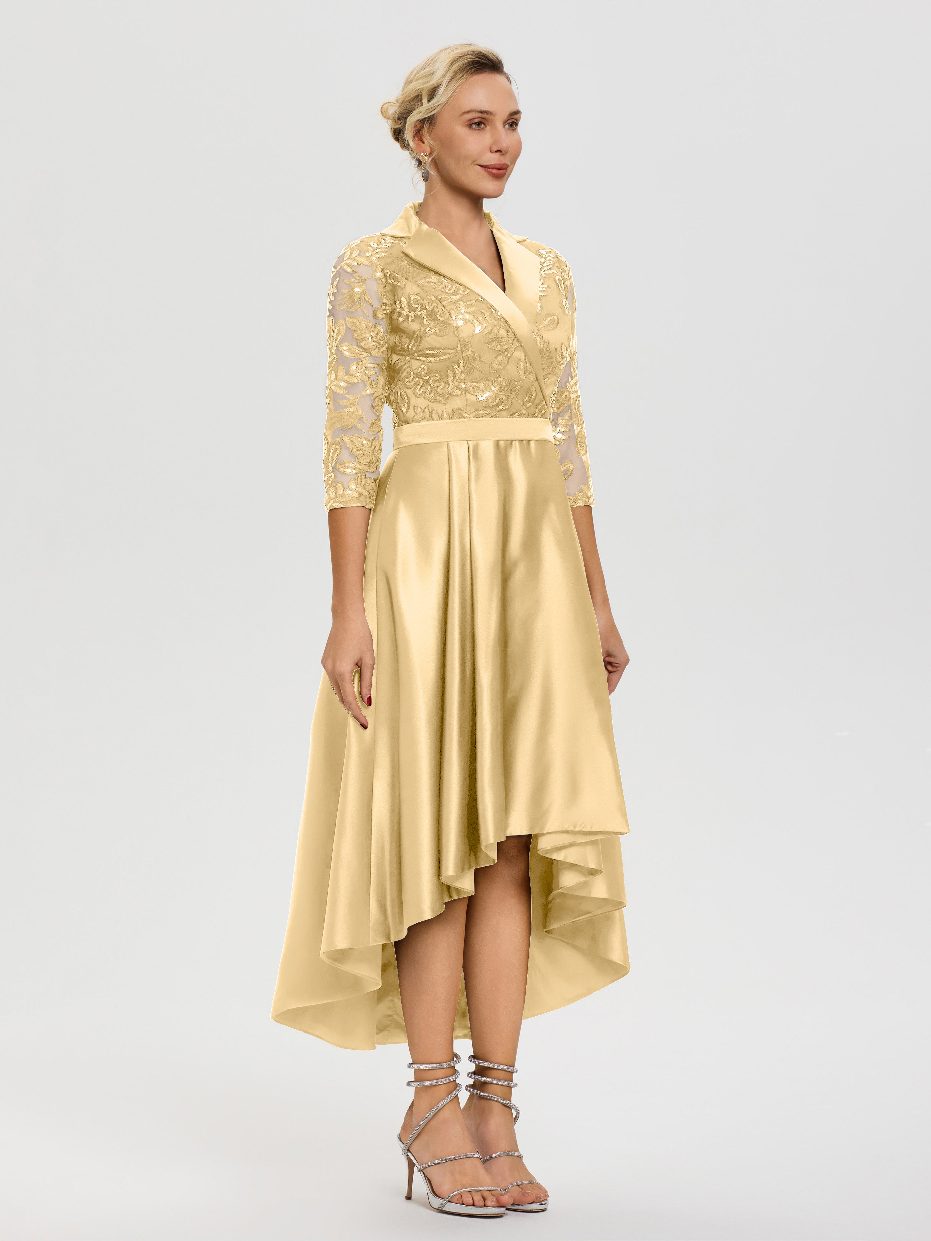 Robe De Mère Du Marié Or Col V Asymétrique Satin & Dentelle Robe Mère De La Mariée Moderne