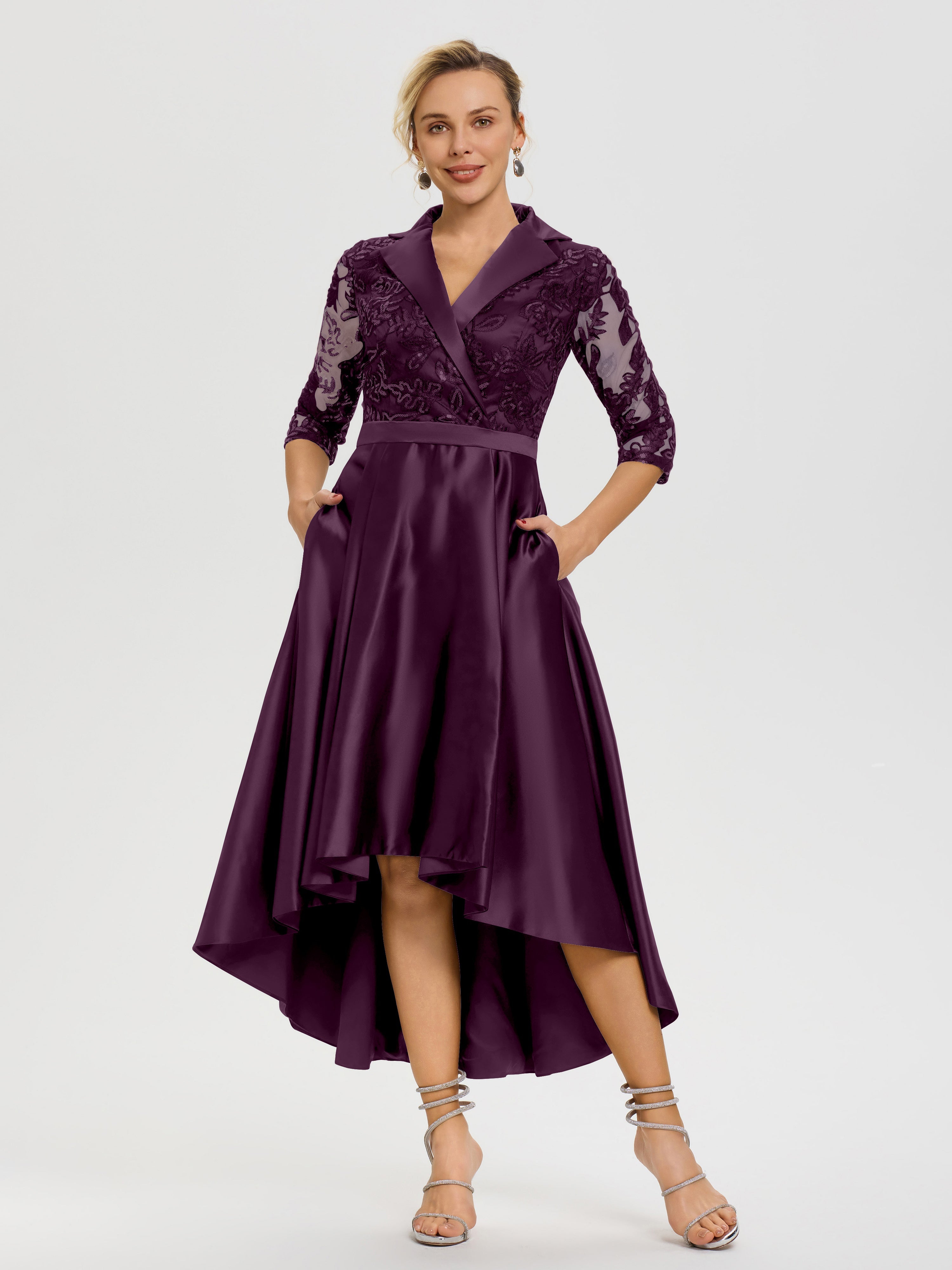 Robe Mariage Mère Du Marié Raisin Col V Asymétrique Satin & Dentelle Robe Mère De La Mariée Moderne