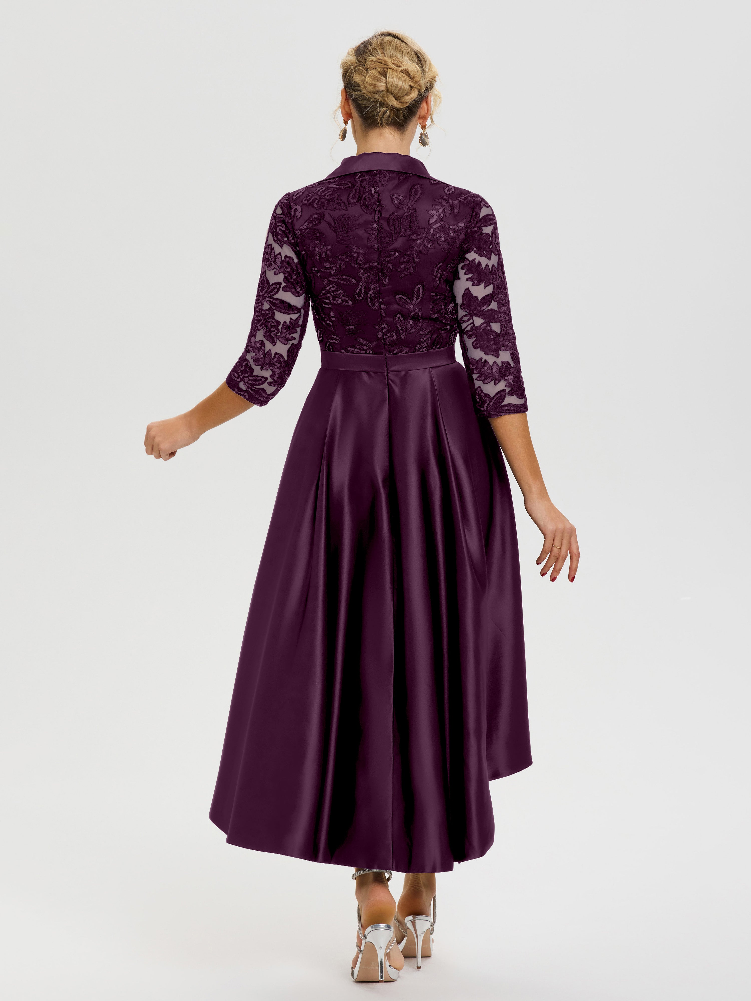 Robe Mariage Mère Du Marié Raisin Col V Asymétrique Satin & Dentelle Robe Mère De La Mariée Moderne