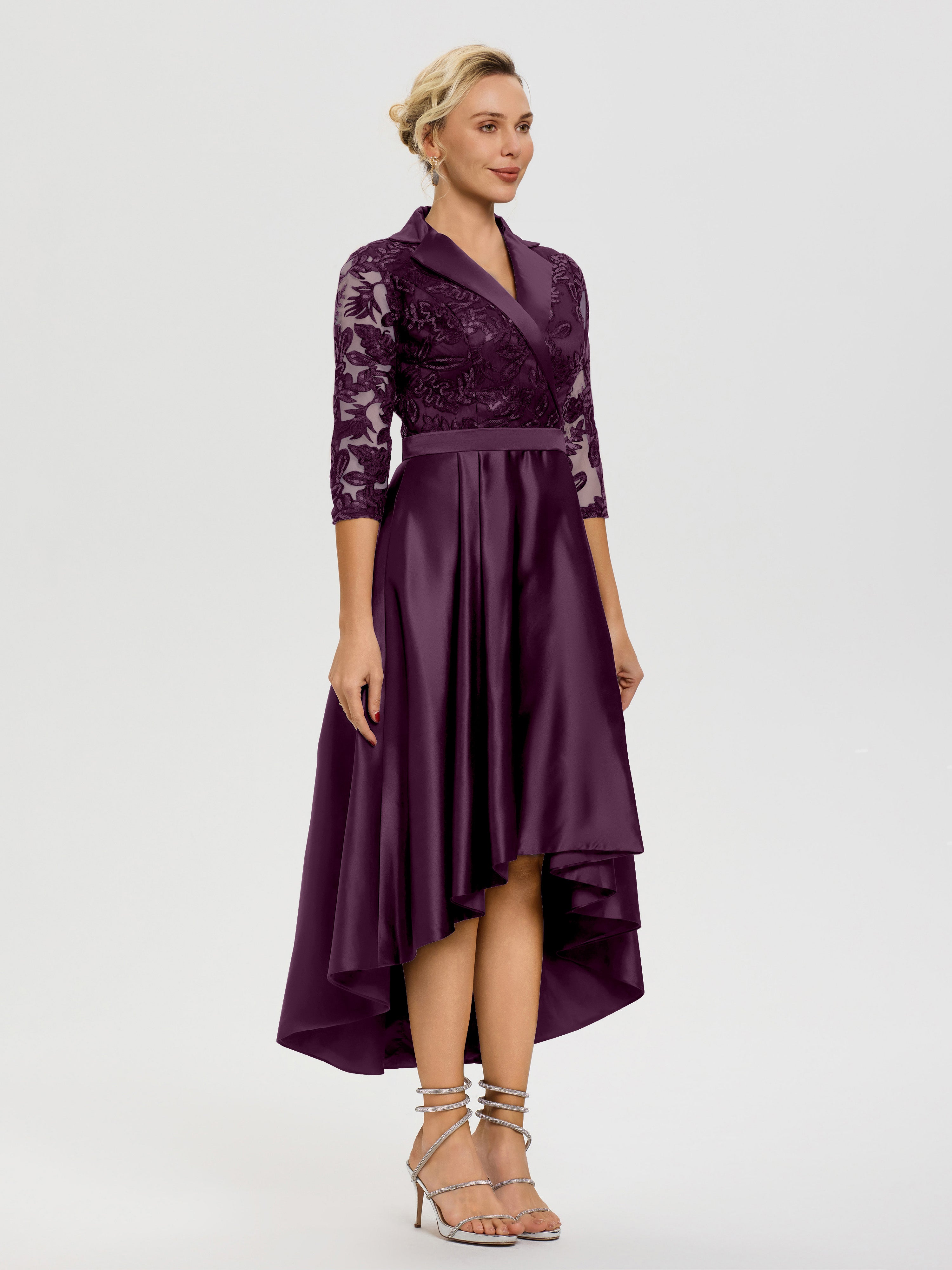 Robe Mariage Mère Du Marié Raisin Col V Asymétrique Satin & Dentelle Robe Mère De La Mariée Moderne