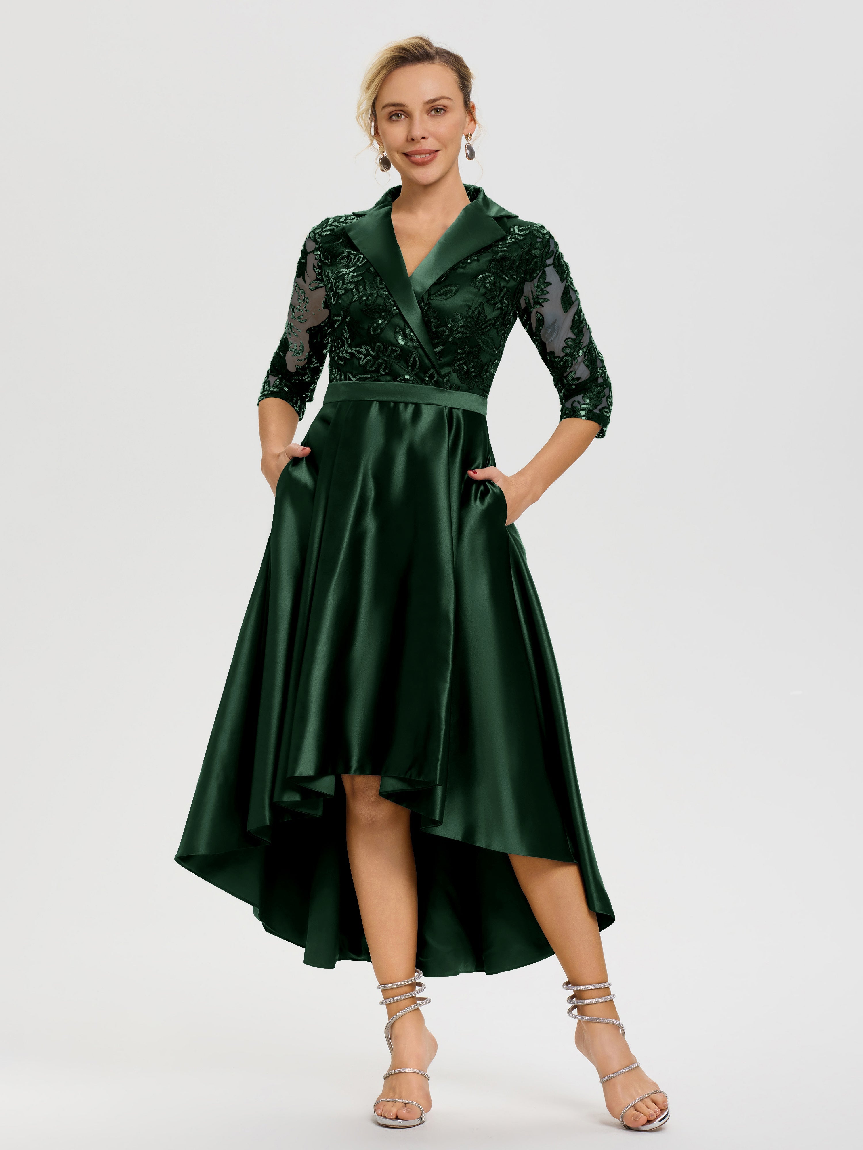 Robe Mère De Marié Vert Chasseur Col V Asymétrique Satin & Dentelle Robe Mère de la Mariée Moderne