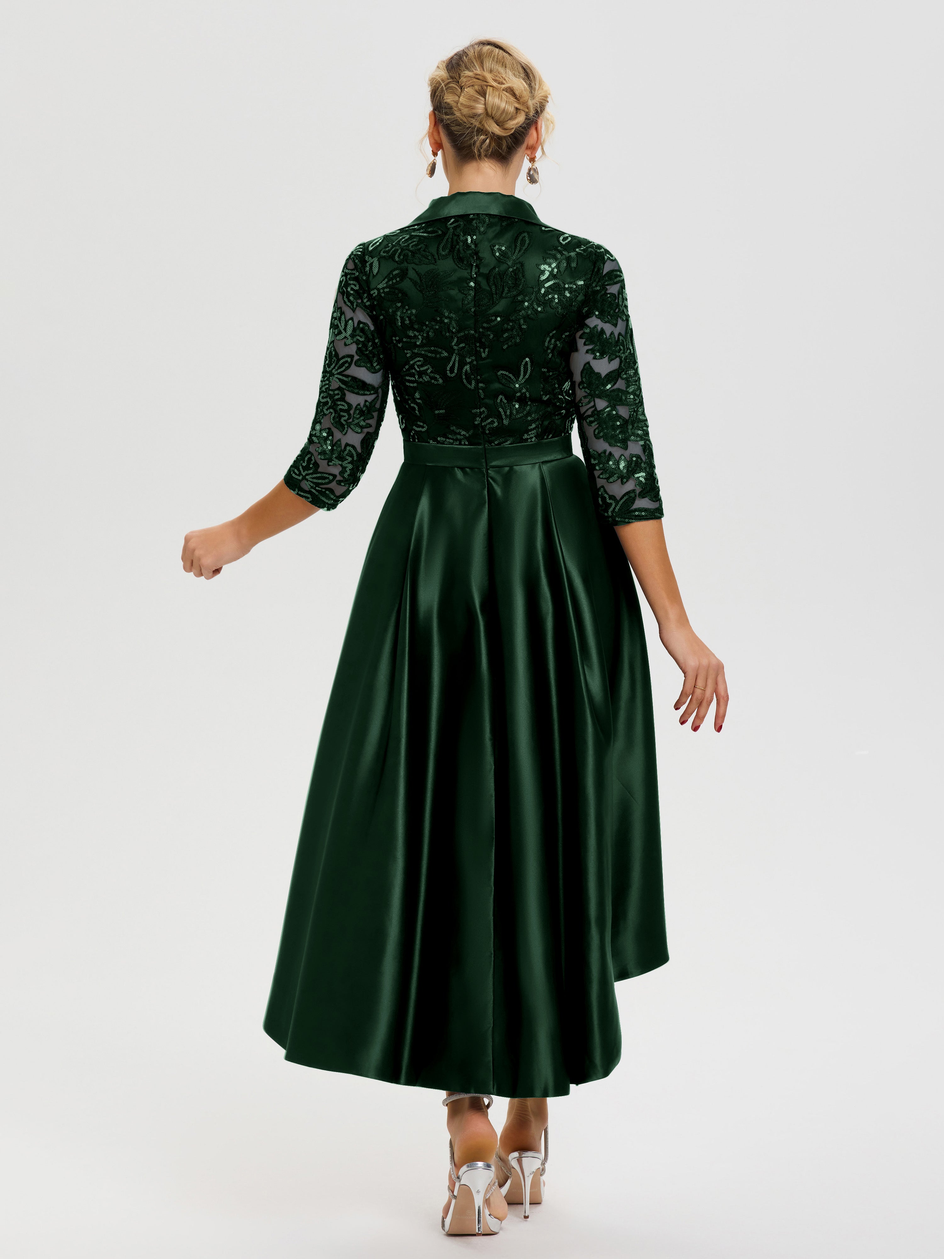 Robe Mère De Marié Vert Chasseur Col V Asymétrique Satin & Dentelle Robe Mère de la Mariée Moderne