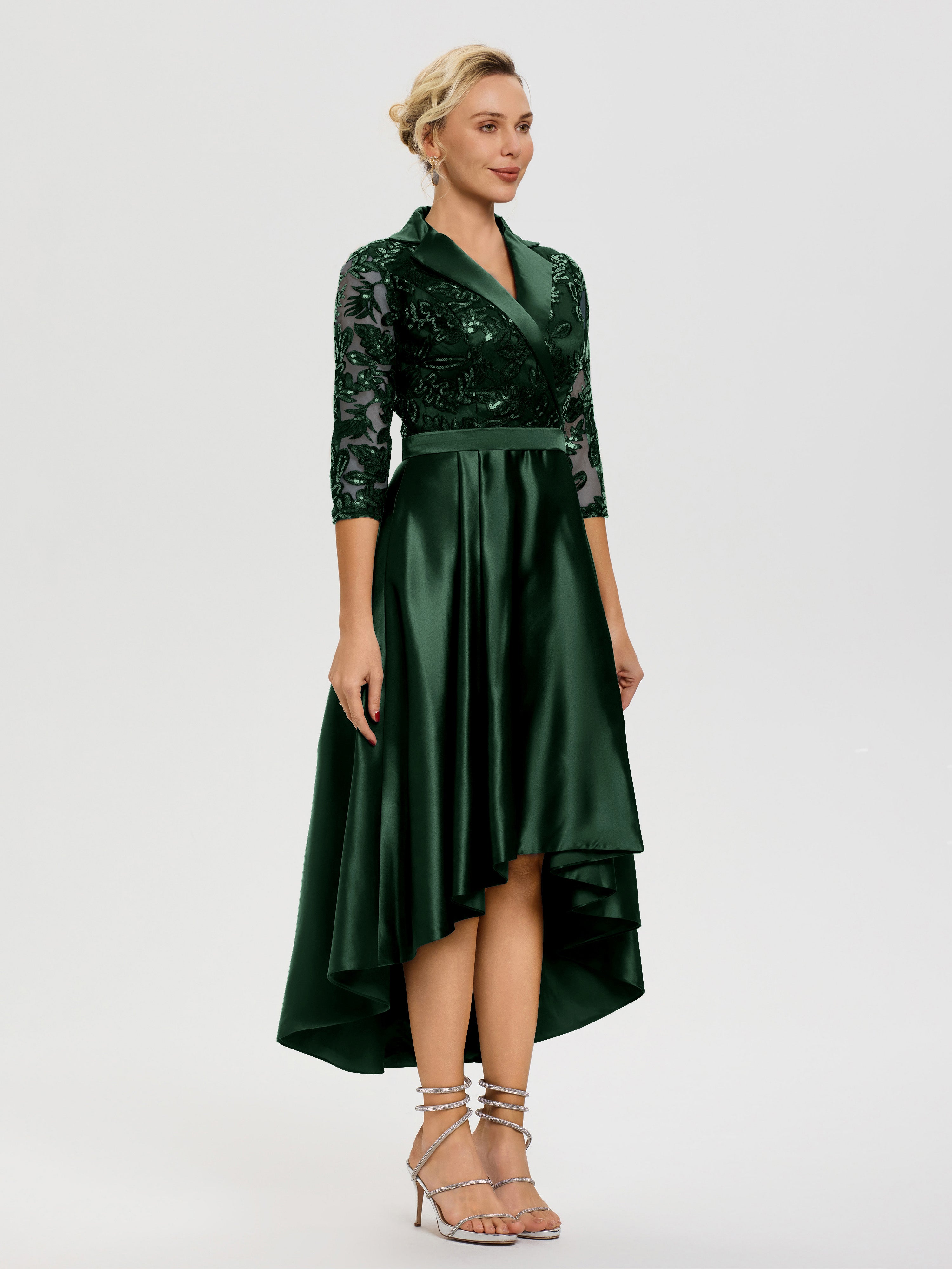 Robe Mère De Marié Vert Chasseur Col V Asymétrique Satin & Dentelle Robe Mère de la Mariée Moderne