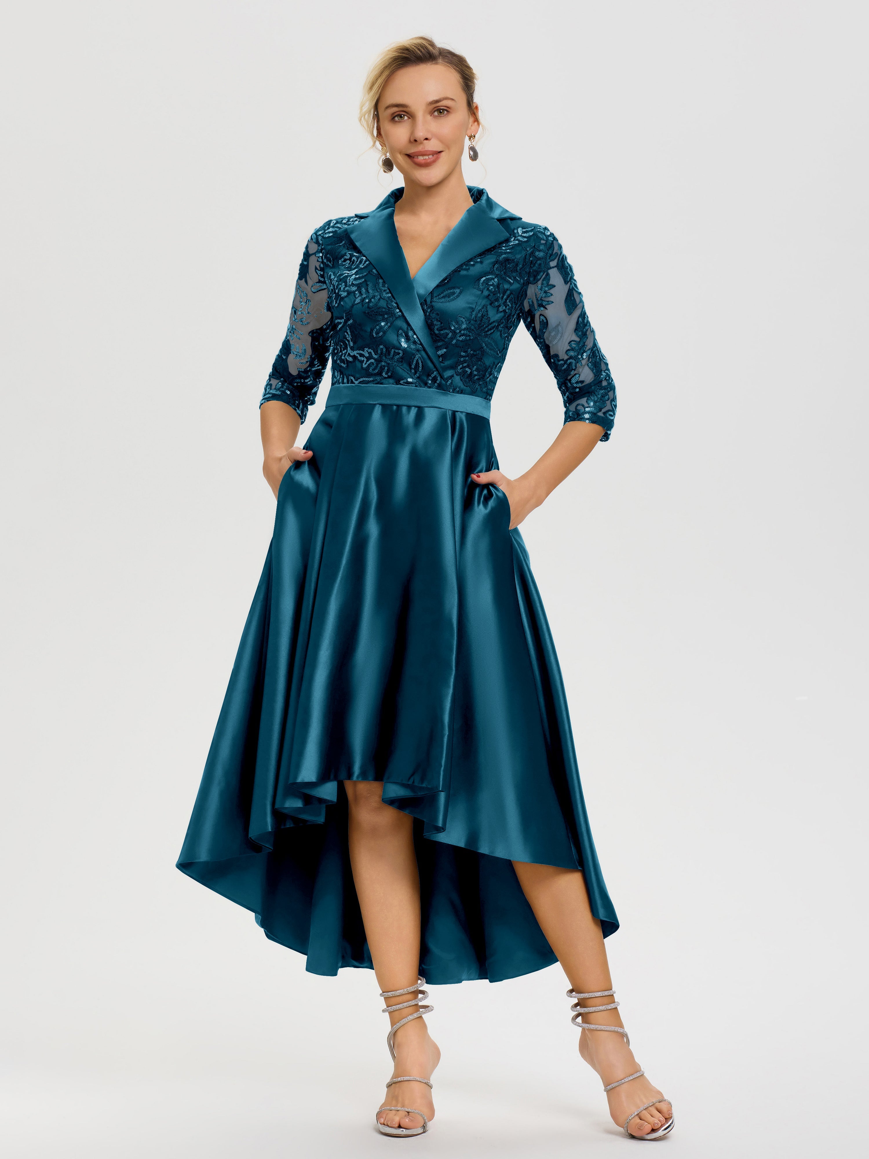 Tenue Mere Dela Mariee Bleu Encre Col V Asymétrique Satin & Dentelle Robe Mère De La Mariée Moderne