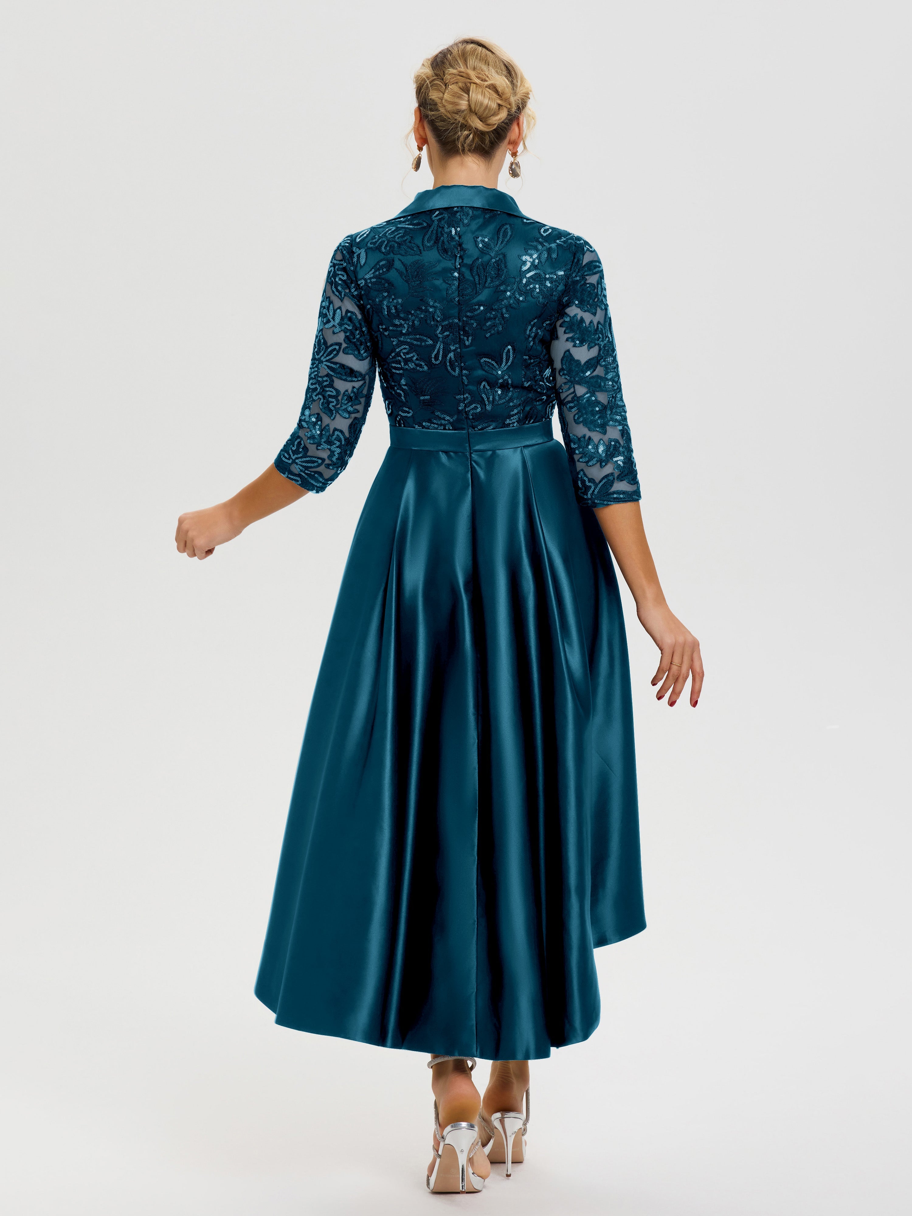 Tenue Mere Dela Mariee Bleu Encre Col V Asymétrique Satin & Dentelle Robe Mère De La Mariée Moderne