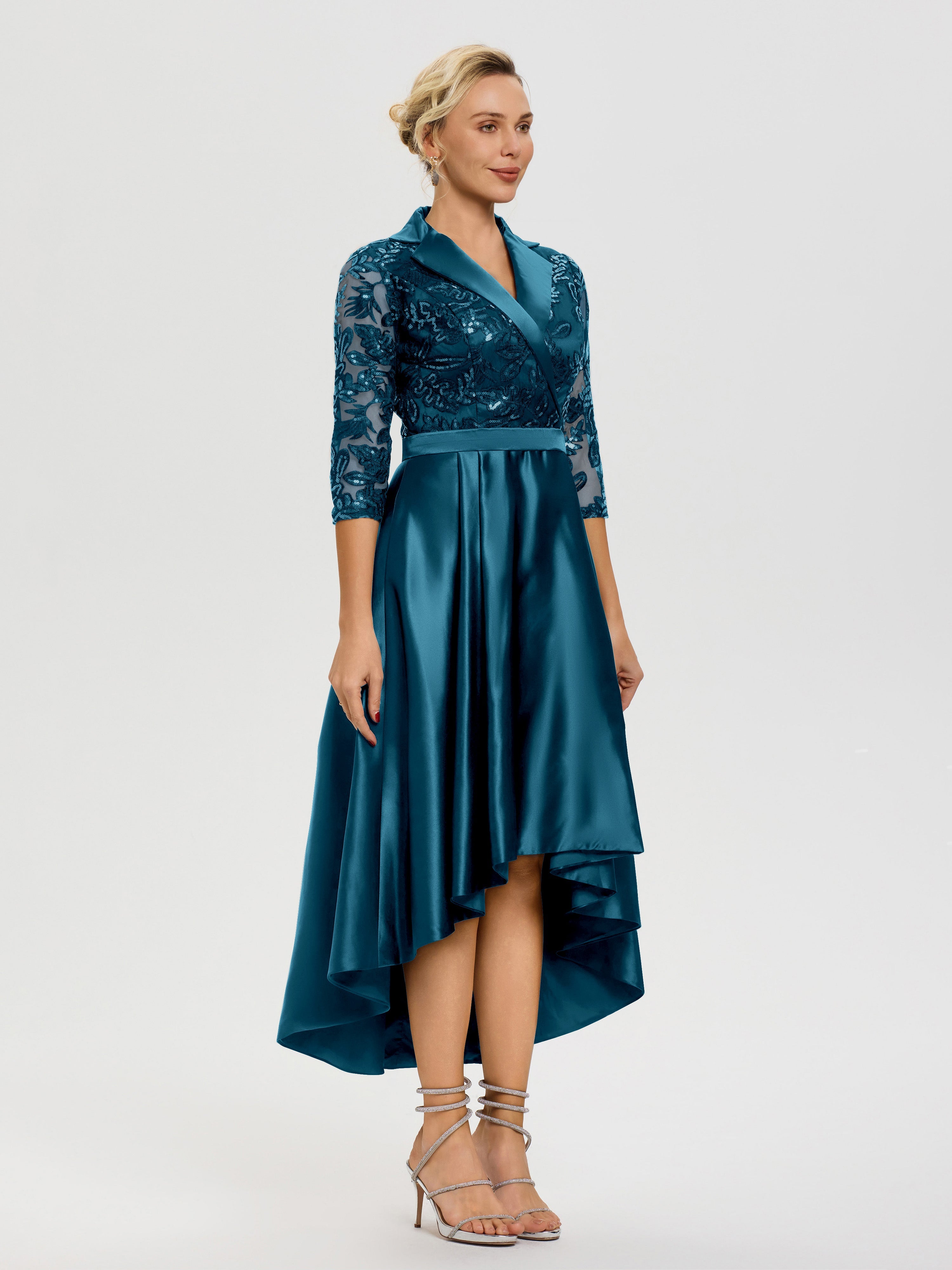 Tenue Mere Dela Mariee Bleu Encre Col V Asymétrique Satin & Dentelle Robe Mère De La Mariée Moderne
