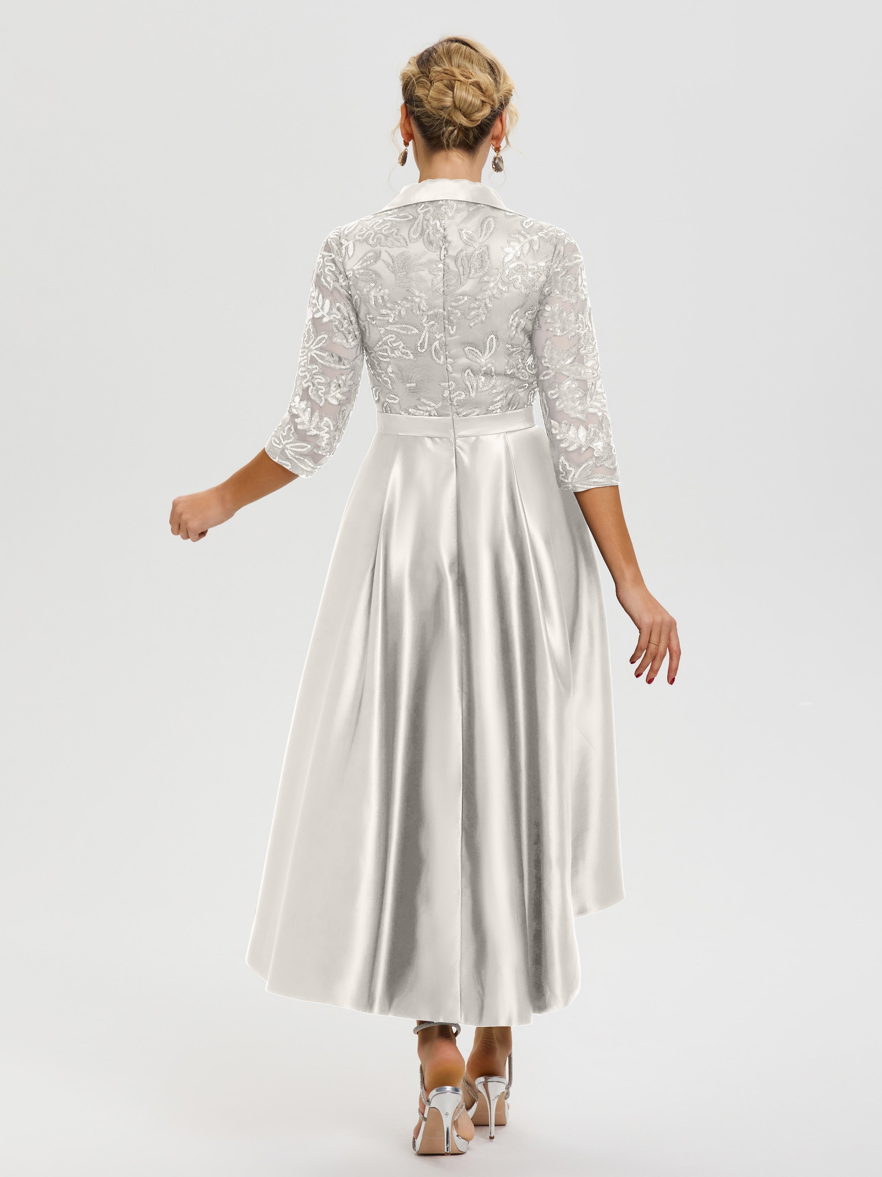 Robe De Mère Du Marié Ivoire Col V Asymétrique Satin & Dentelle Robe Mère De La Mariée Moderne