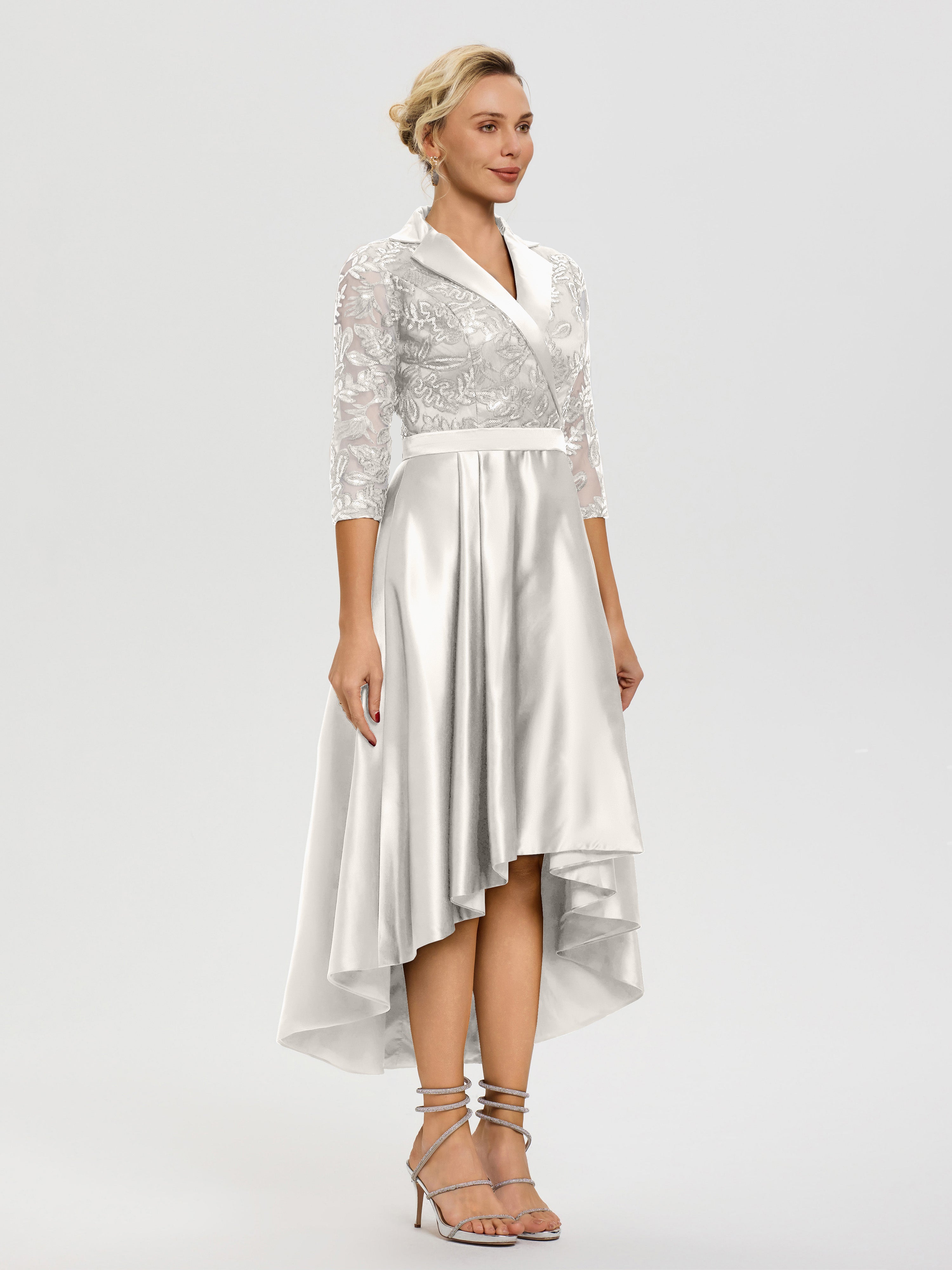 Robe De Mère Du Marié Ivoire Col V Asymétrique Satin & Dentelle Robe Mère De La Mariée Moderne