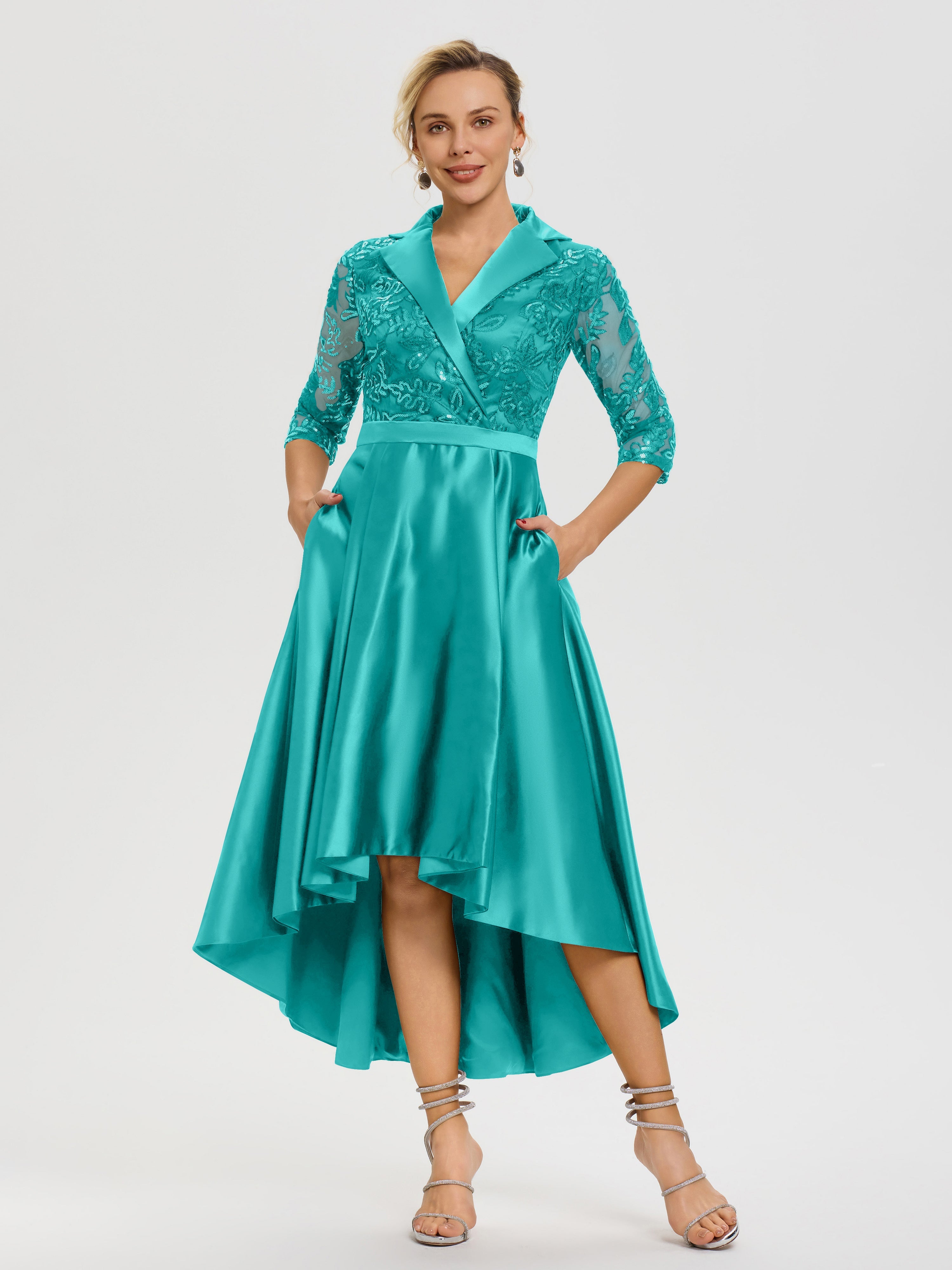 Robe De Mère Du Marié Jade Col V Asymétrique Satin & Dentelle Robe Mère De La Mariée Moderne