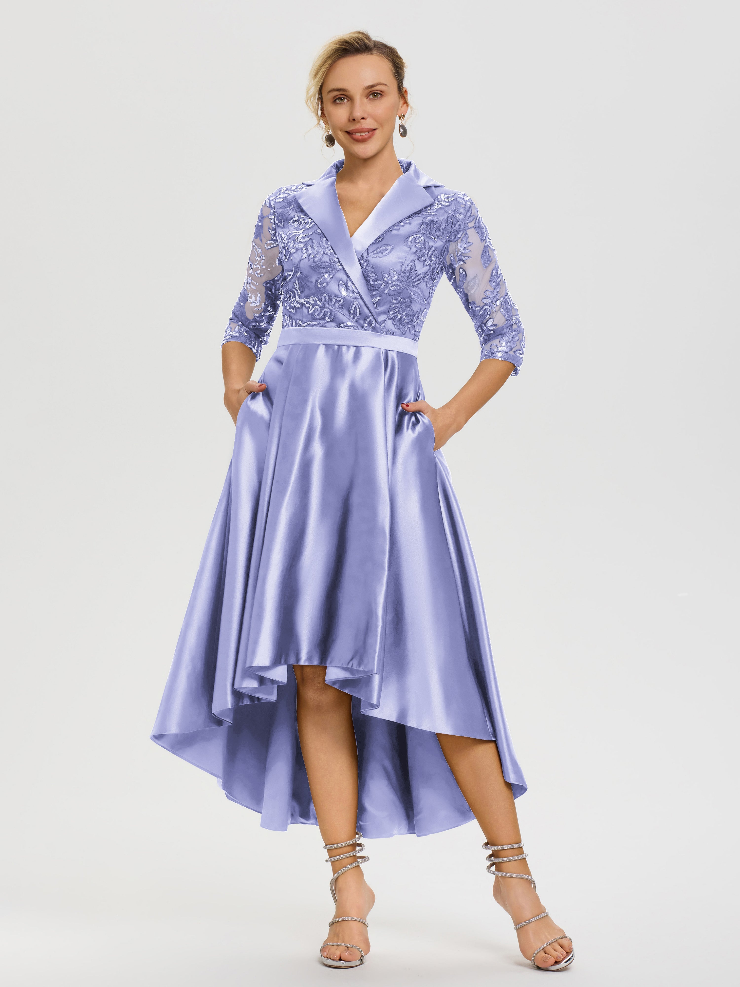 Robe De Mère Du Marié Lavande Col V Asymétrique Satin & Dentelle Robe Mère De La Mariée Moderne