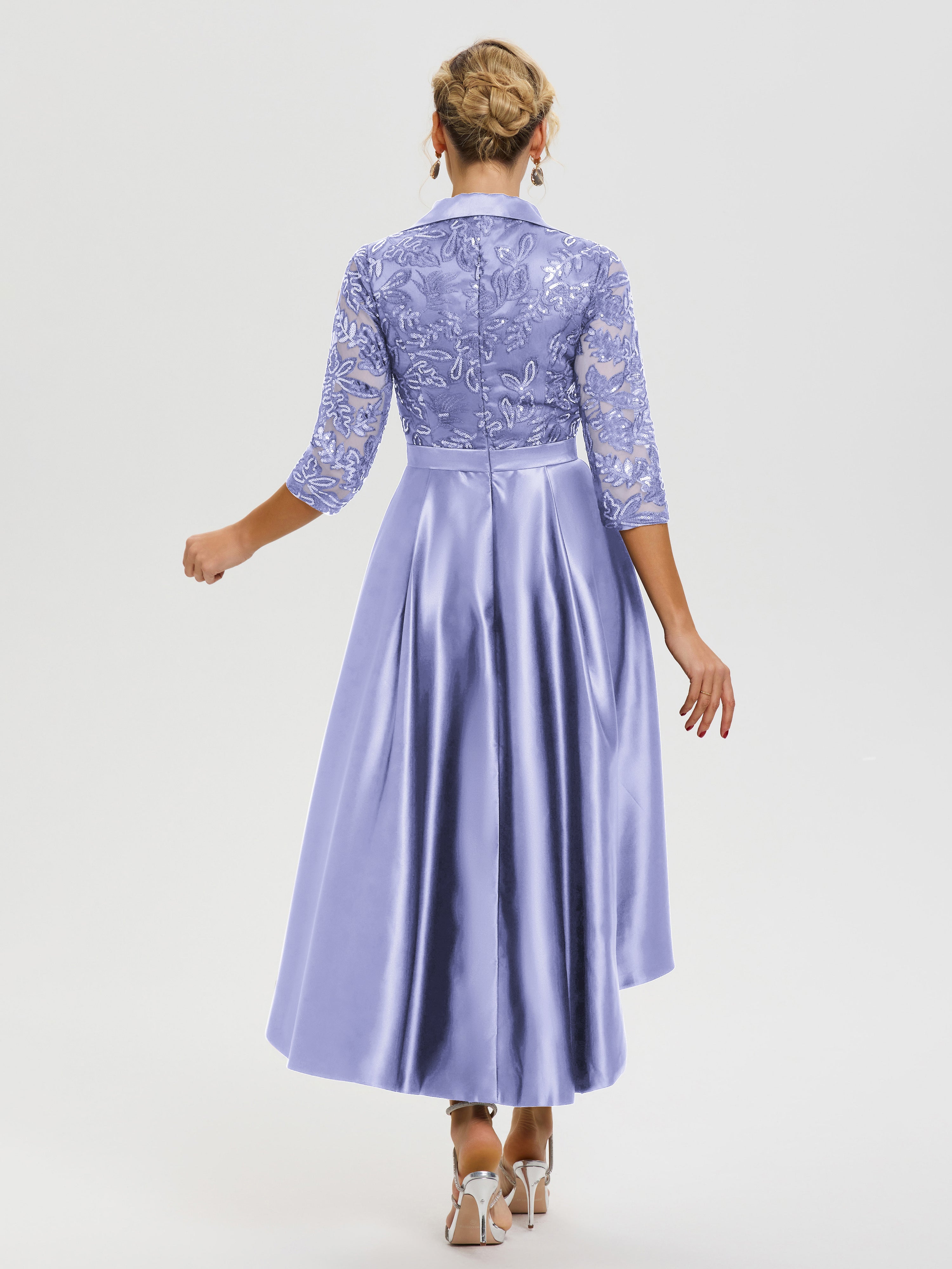 Robe De Mère Du Marié Lavande Col V Asymétrique Satin & Dentelle Robe Mère De La Mariée Moderne