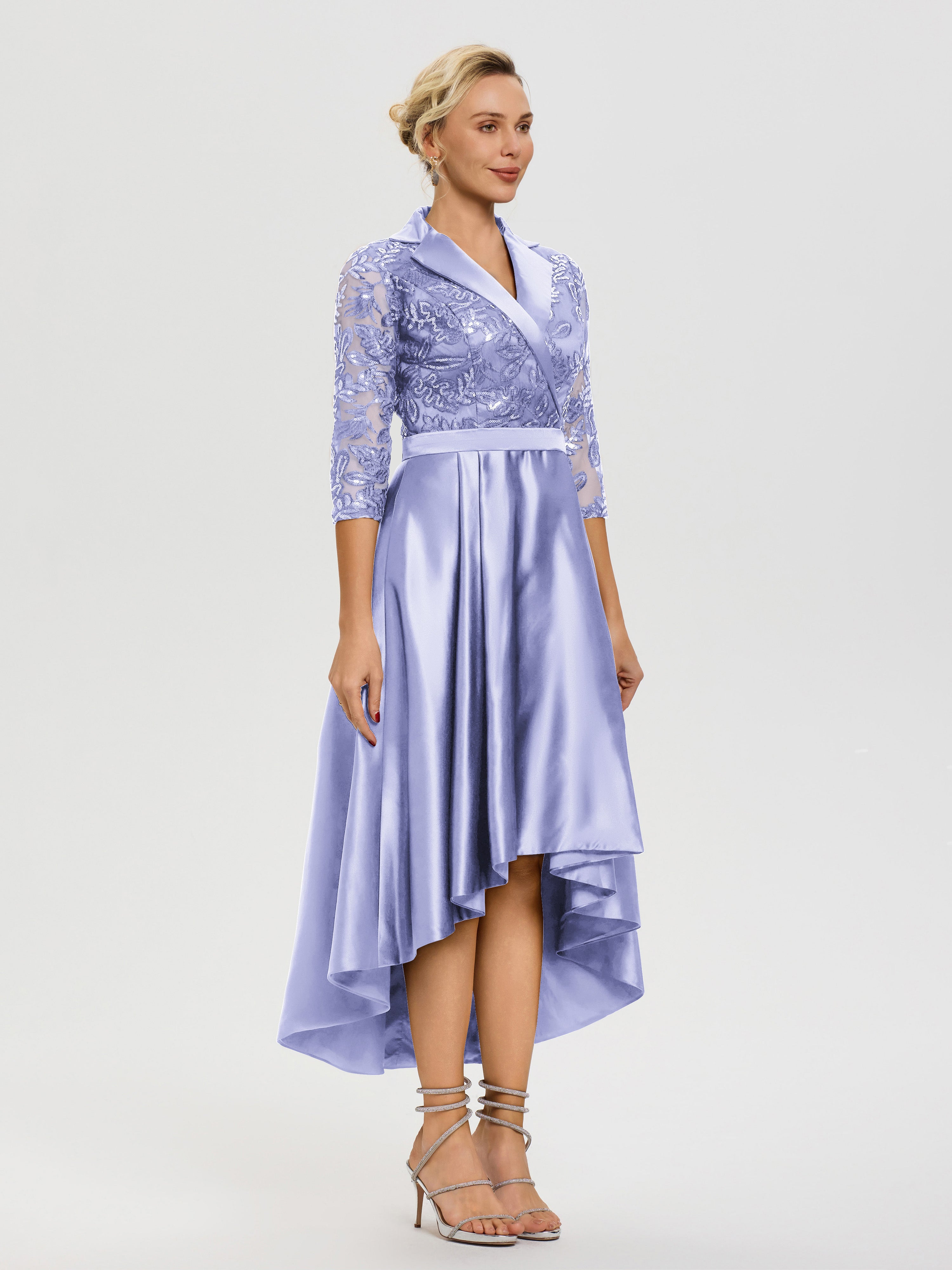 Robe De Mère Du Marié Lavande Col V Asymétrique Satin & Dentelle Robe Mère De La Mariée Moderne