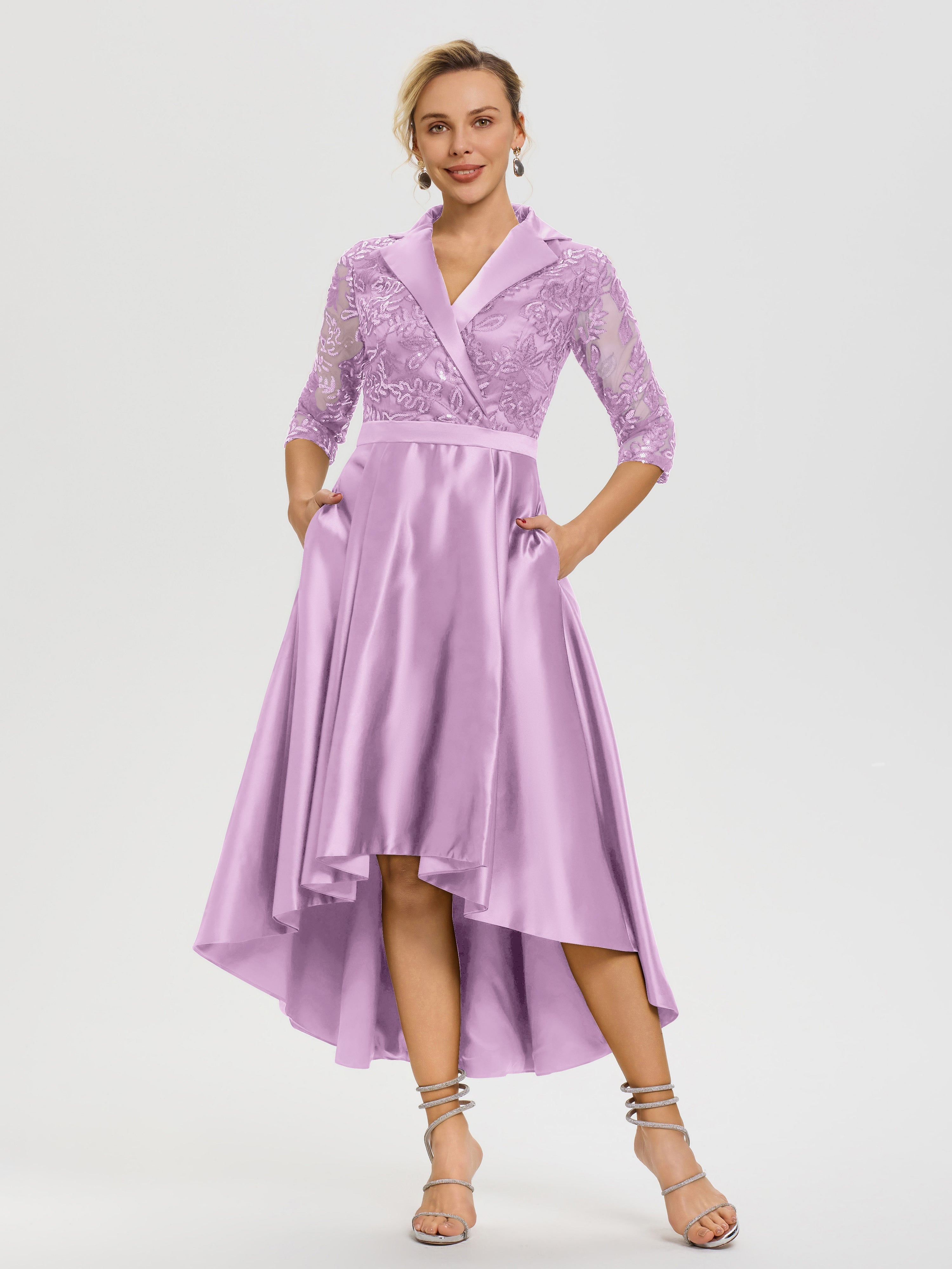 Robe De Mère Du Marié Lilas Col V Asymétrique Satin & Dentelle Robe Mère De La Mariée Moderne