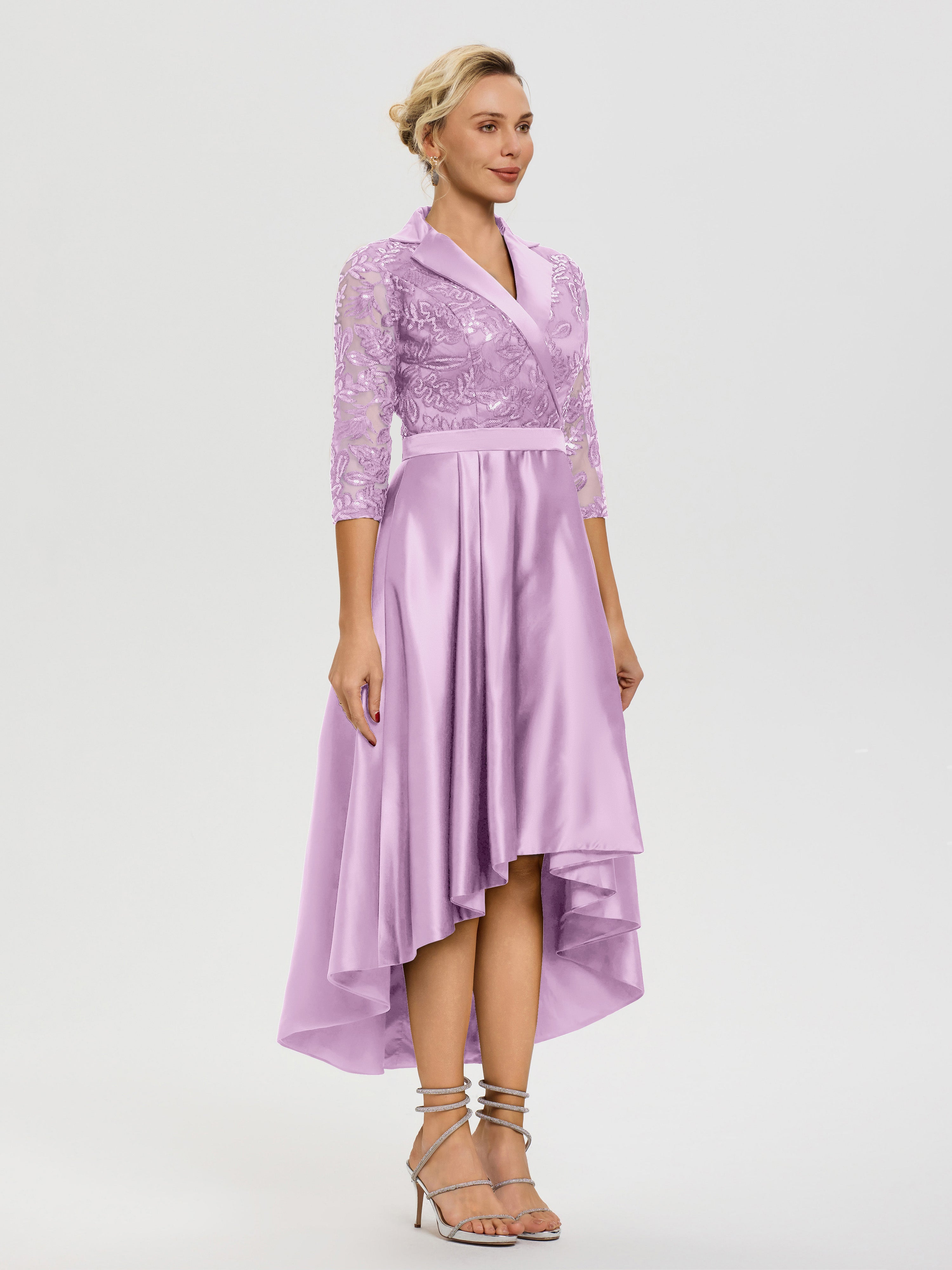 Robe De Mère Du Marié Lilas Col V Asymétrique Satin & Dentelle Robe Mère De La Mariée Moderne